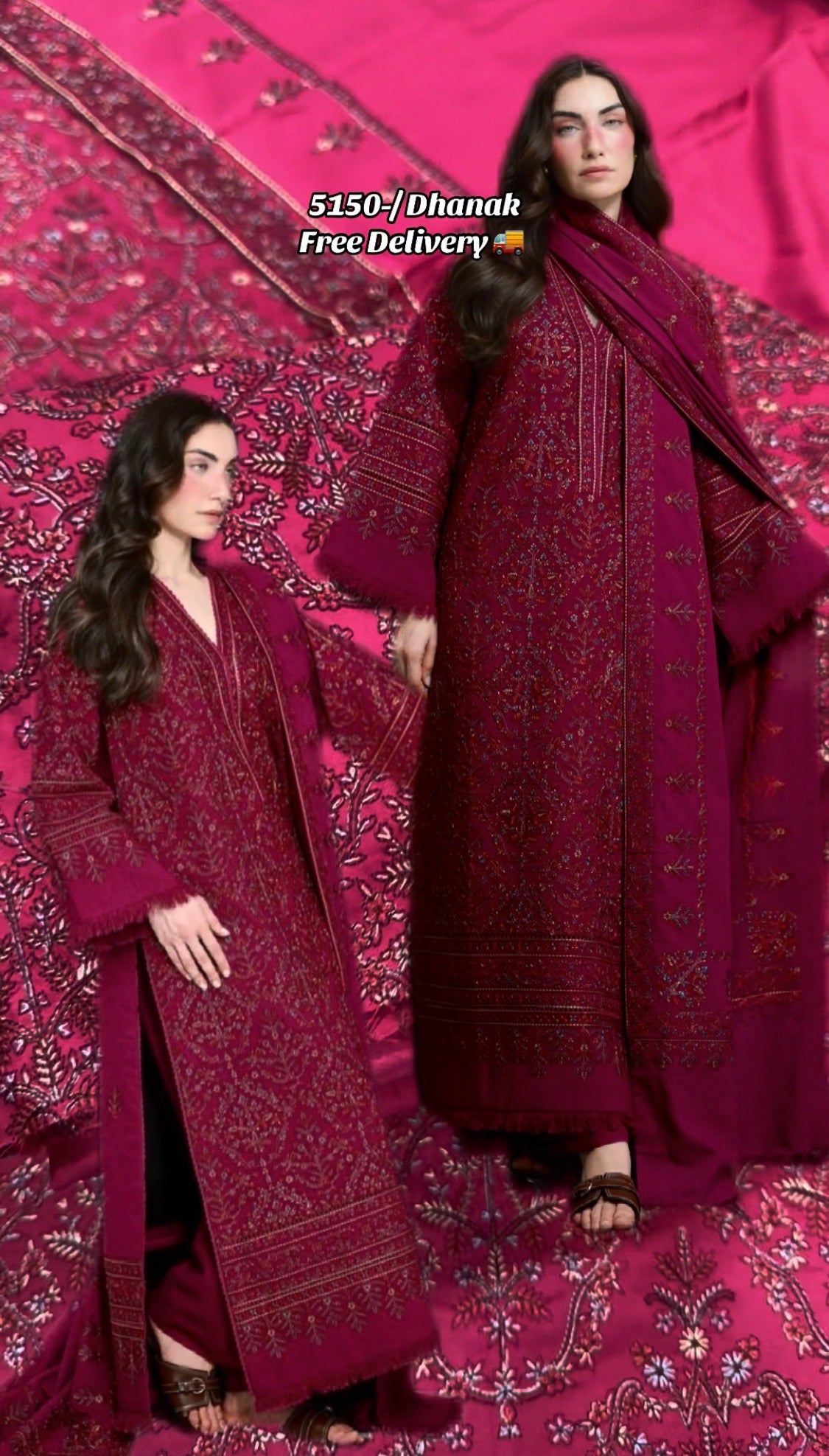 3pcs Dhanak Zaib Shocking Pink Multi Embroidered