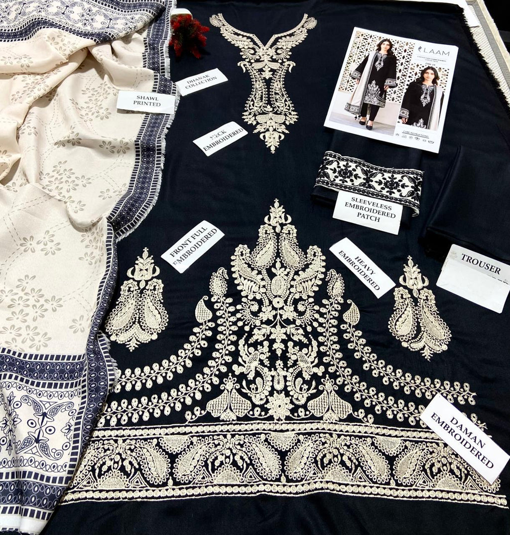 3pcs Laam Black Embroidered Dhanak