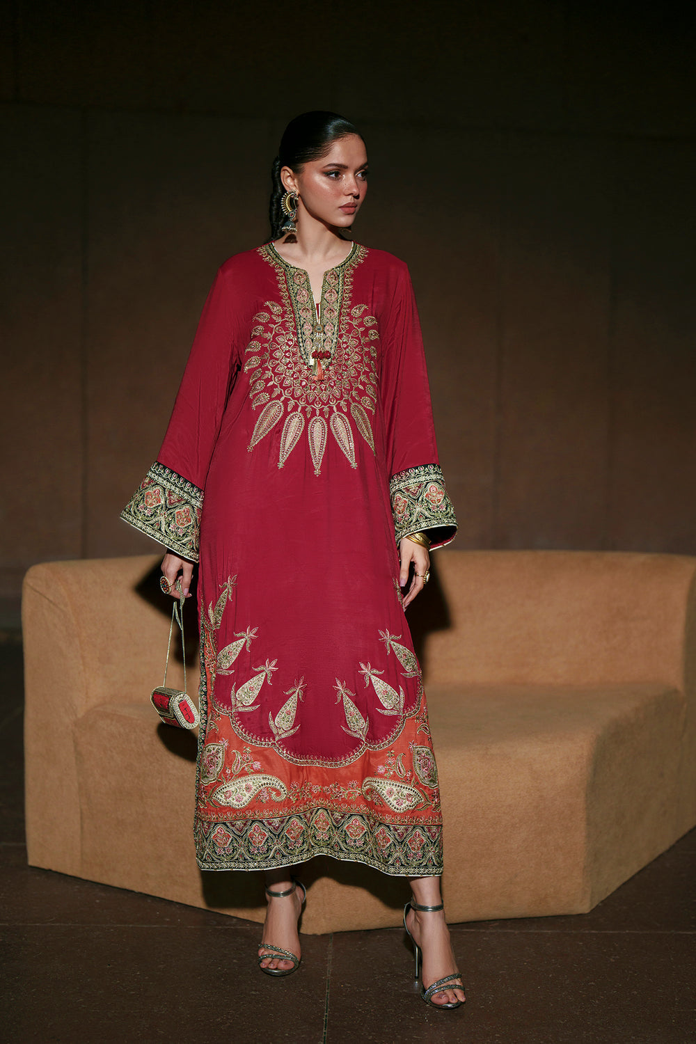 2pcs Mehroon Orange Ethnic Silk