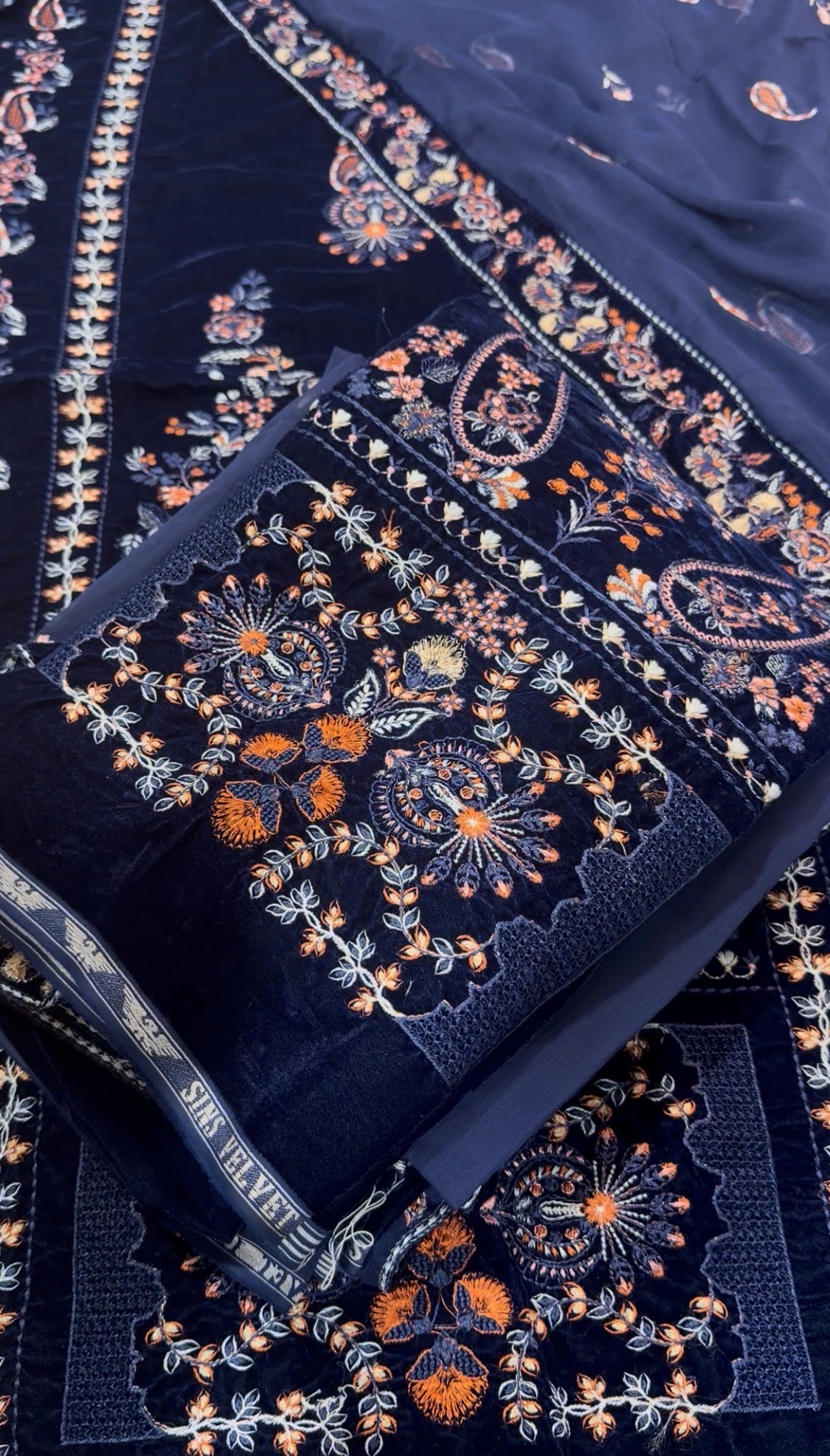 3pcs Afrozeh Blue Velvet with chiffon dupata