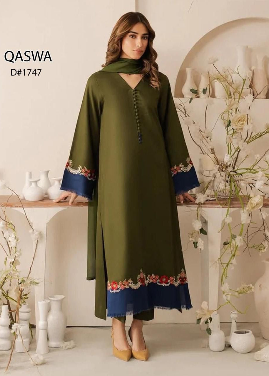 3pcs embroidery dhanak qaswa green