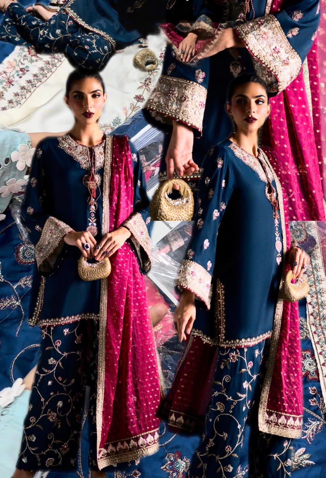 3pcs Silk Blue Ethnic Embroidery