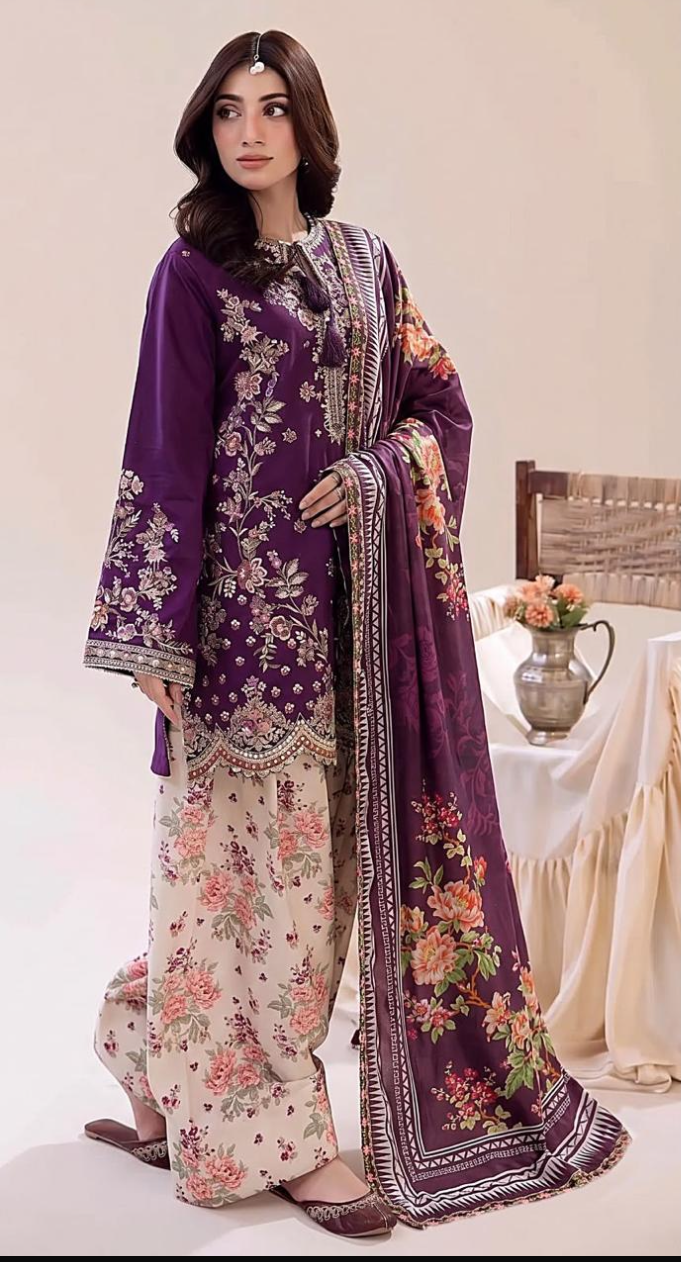 3pcs Ethnic Purple With print trouser Silk