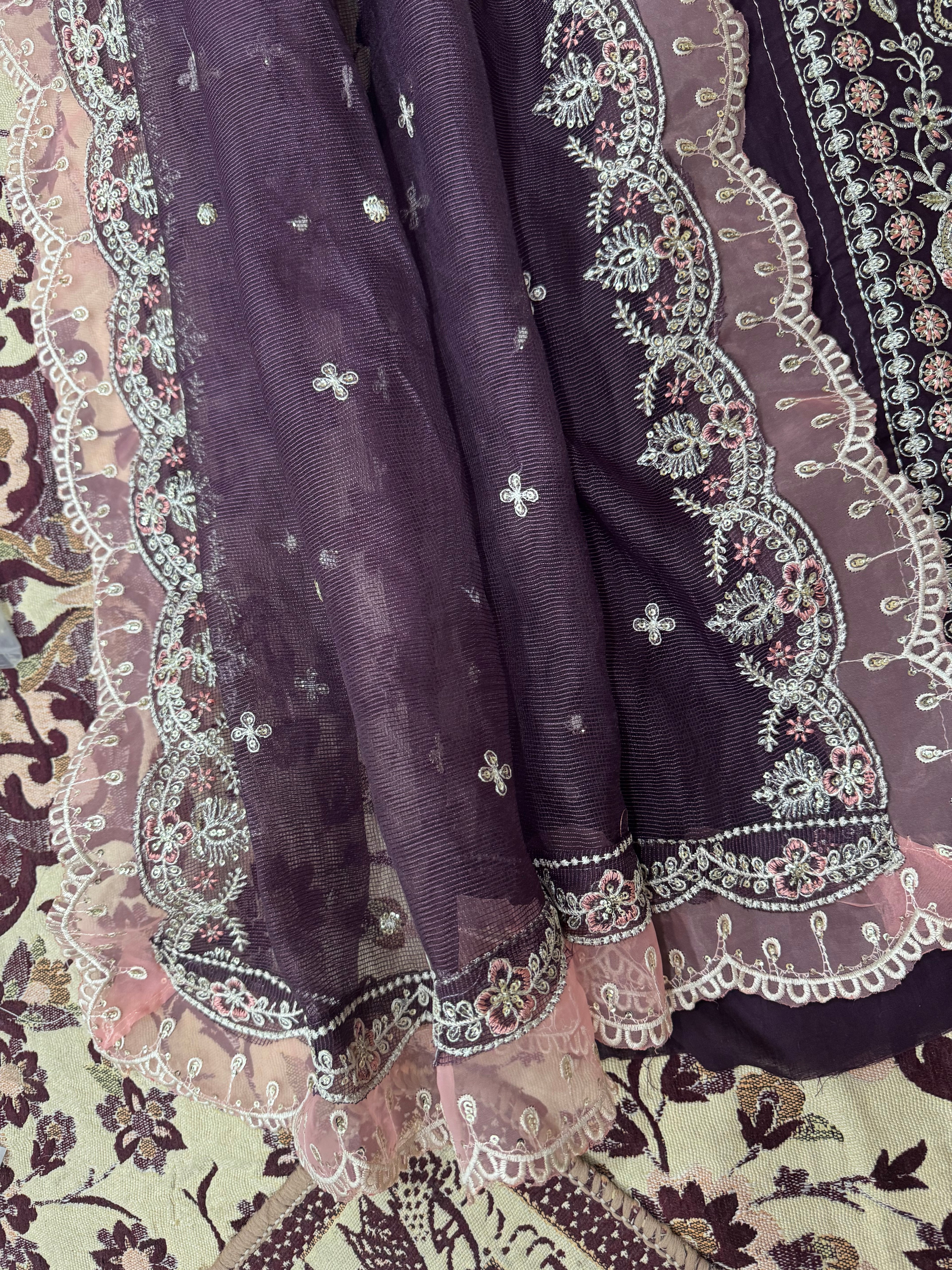 3pcs lawn Aneelas purple with peach putti dupata