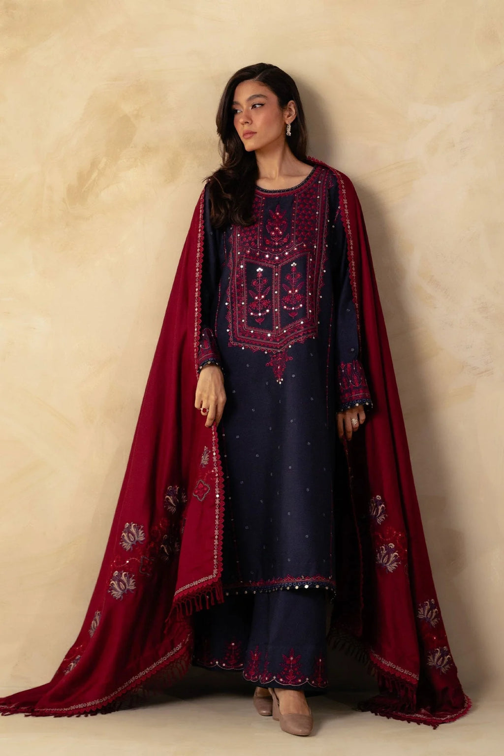 3pcs ZaraShahjhan Blue Mehroon Embroidered Dhanak