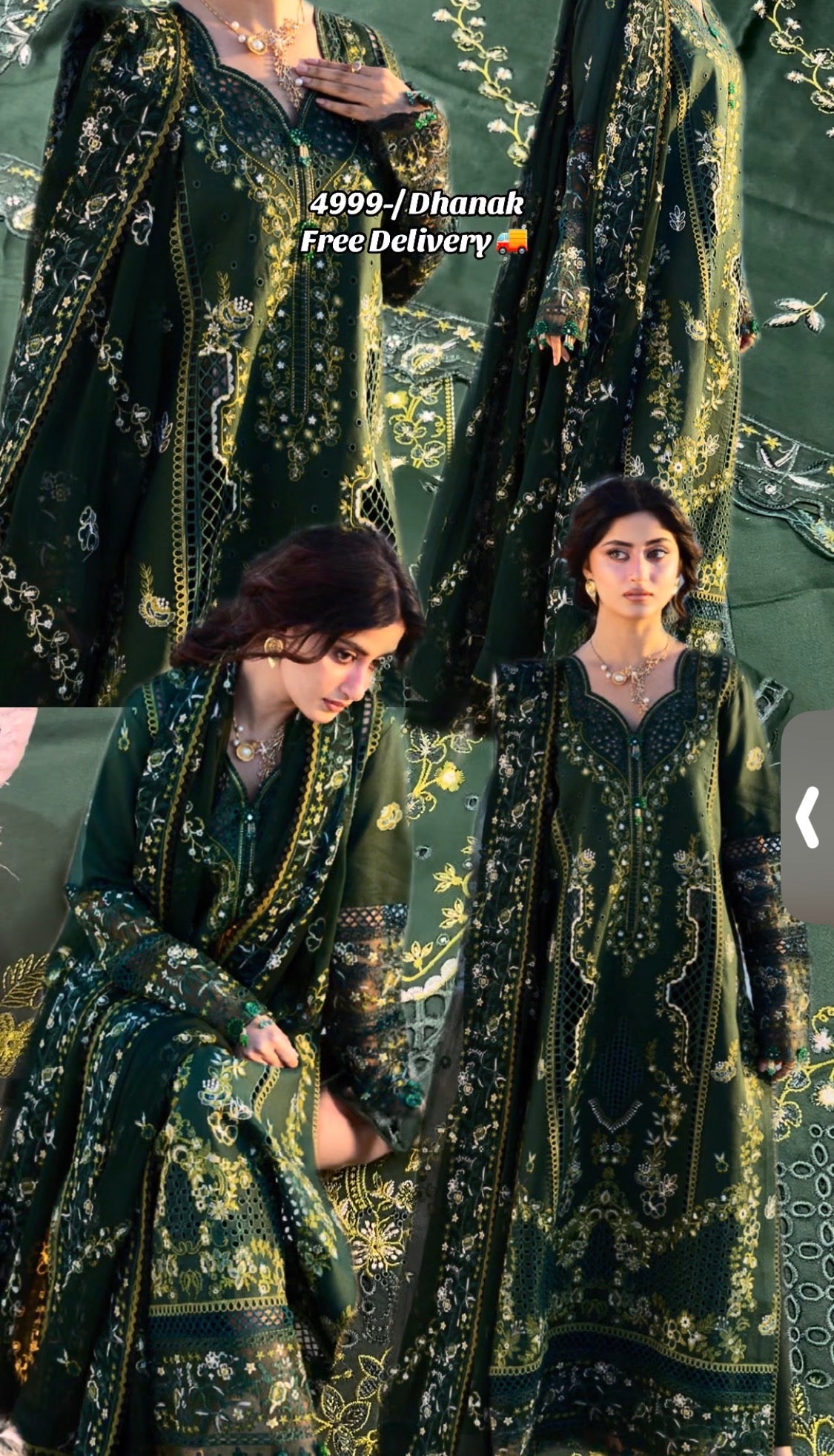 3pcs Dhanak Mahnur Embroidered Bottle Green