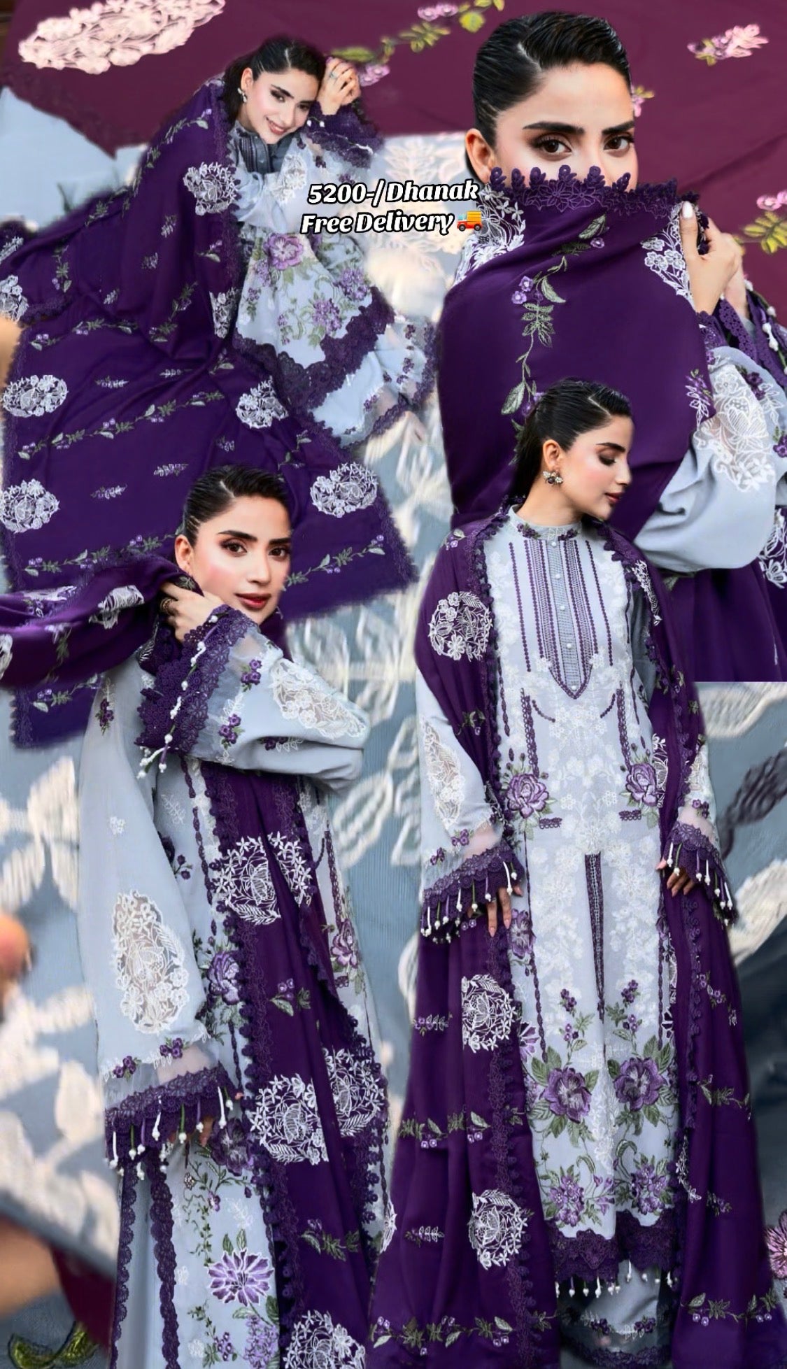 3pcs Dhanak Aneelas GreySky Purple Embroidered