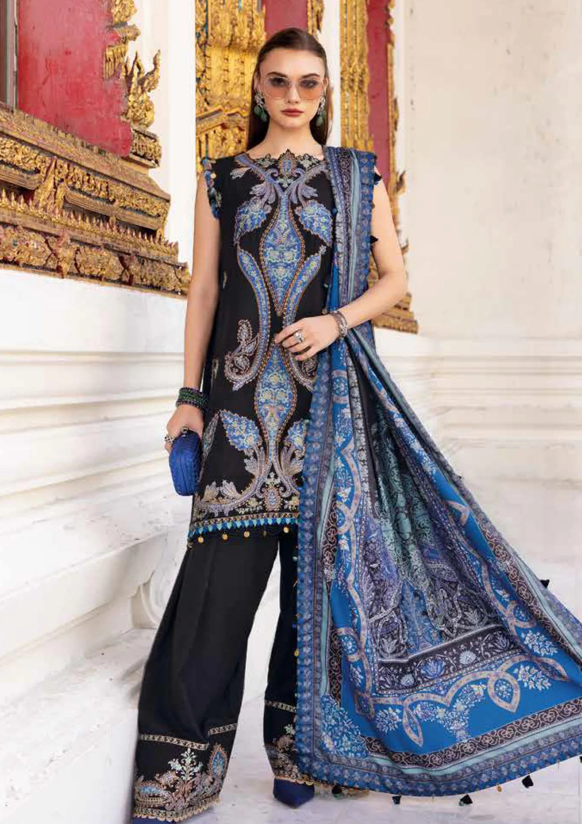 3pcs Maria B Balck Blue lawn