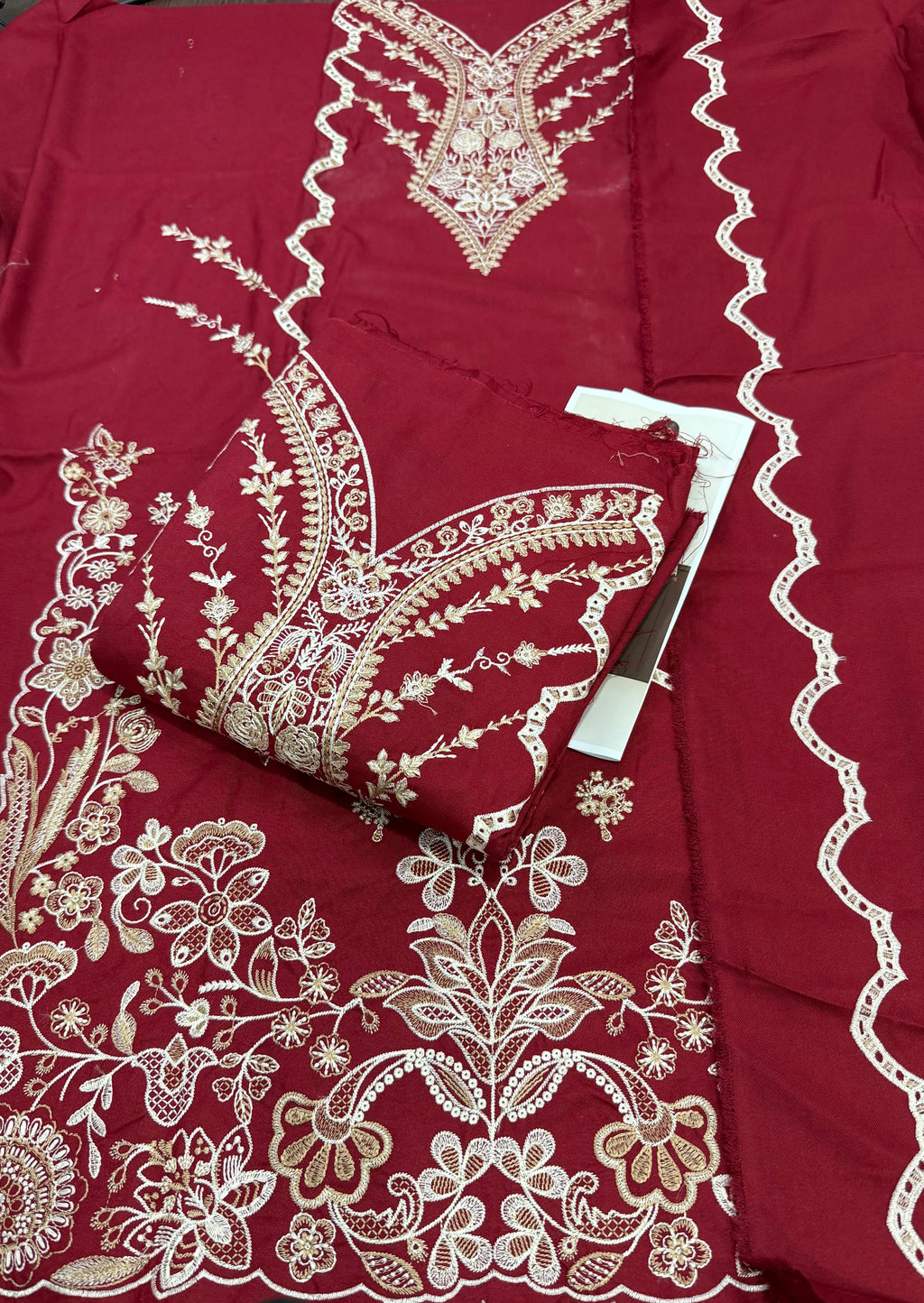 3pcs Baroque Mehroon Skin Embroidered