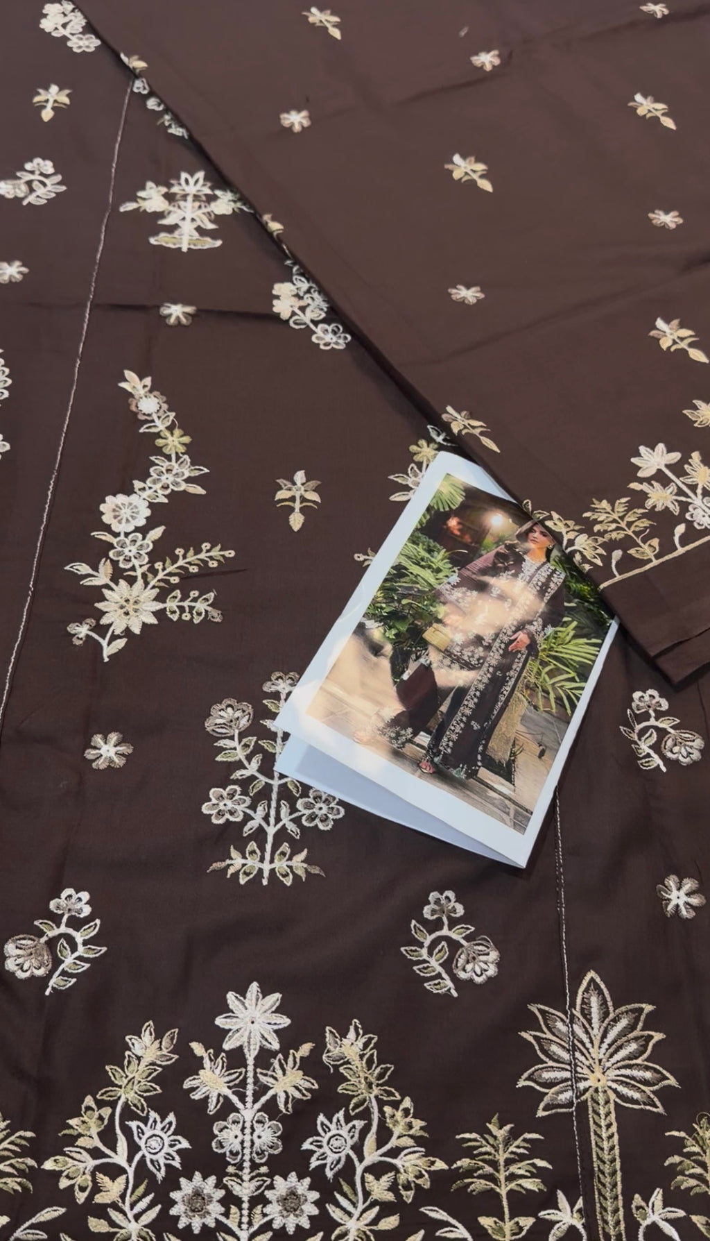 3pcs Brown Mahnur Dhanak Embroidered Slp