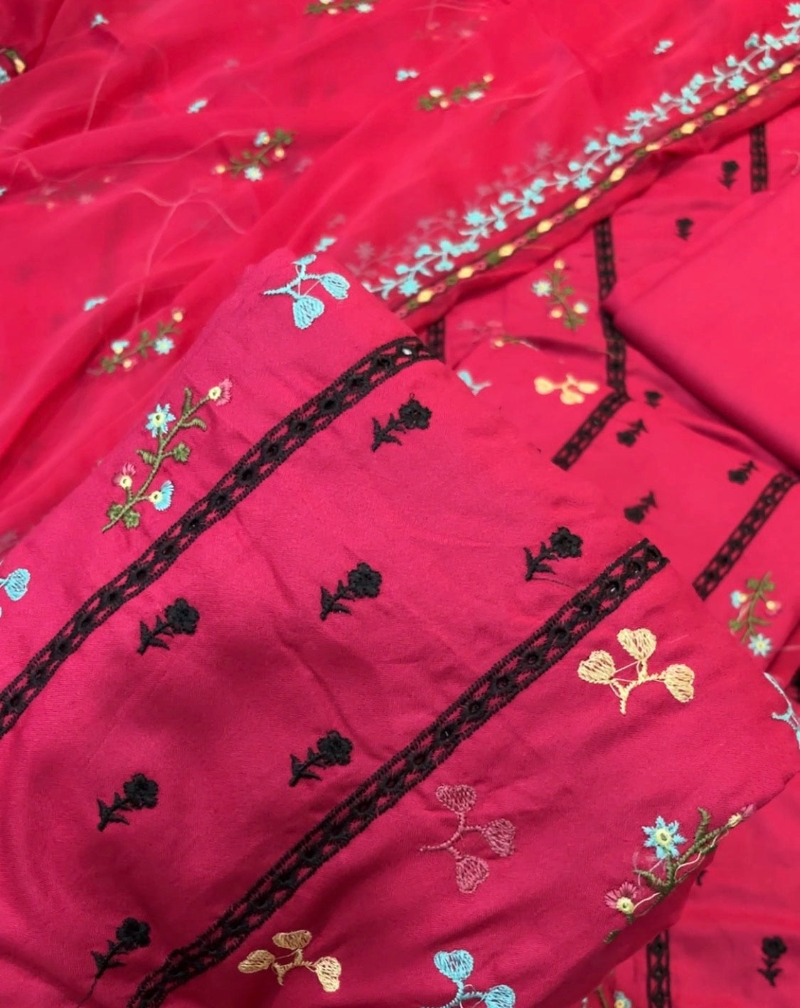 3pcs Dhanak Shocking Pink + Black Chickenkari