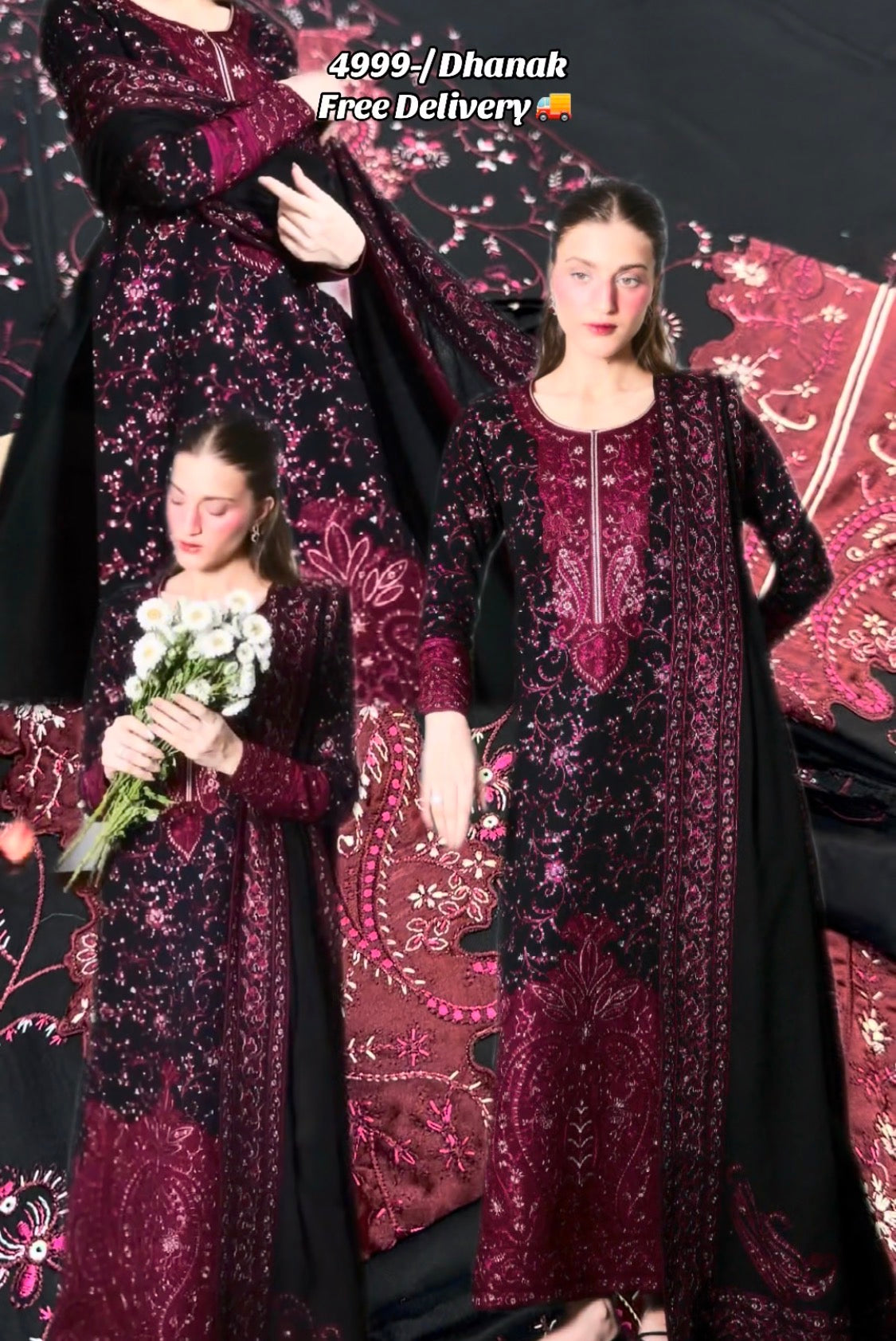 3pcs Dhanak Zaib Black Mehroon Alishbash