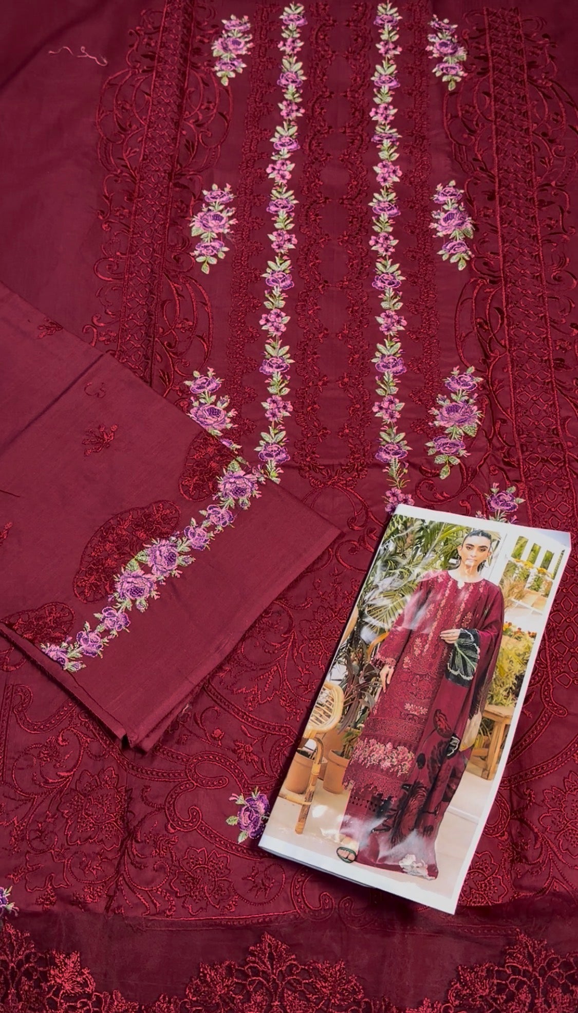 3pcs Elaf Mehroon Emb lawn