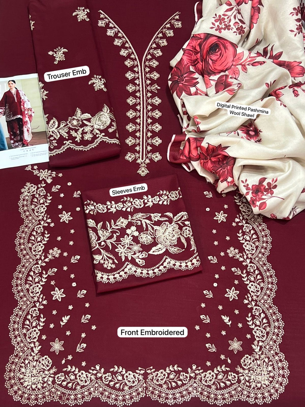 3pcs Embroidery Dhanak Zarashahjhan Mehroon