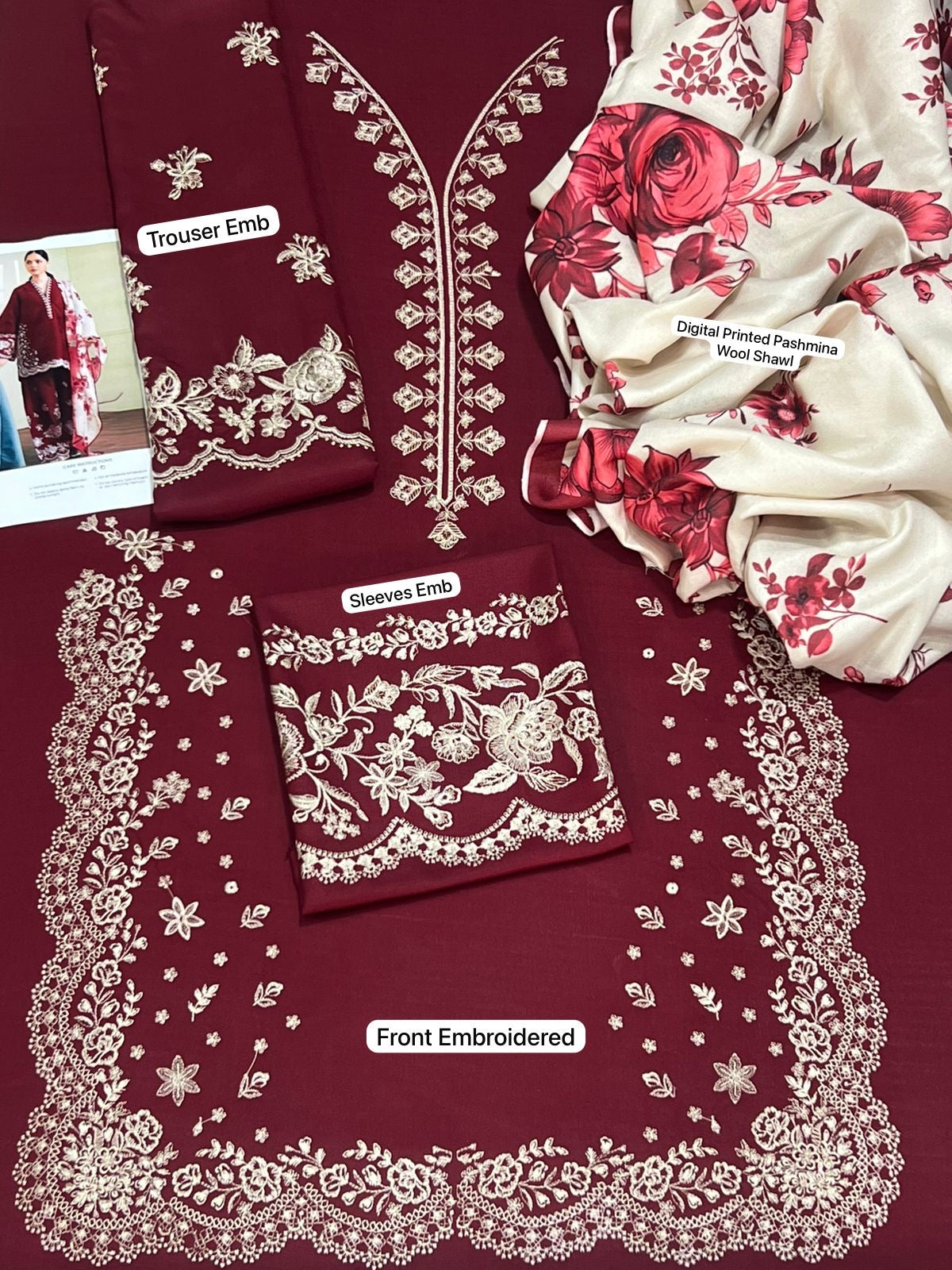 3pcs Embroidery Dhanak Zarashahjhan Mehroon