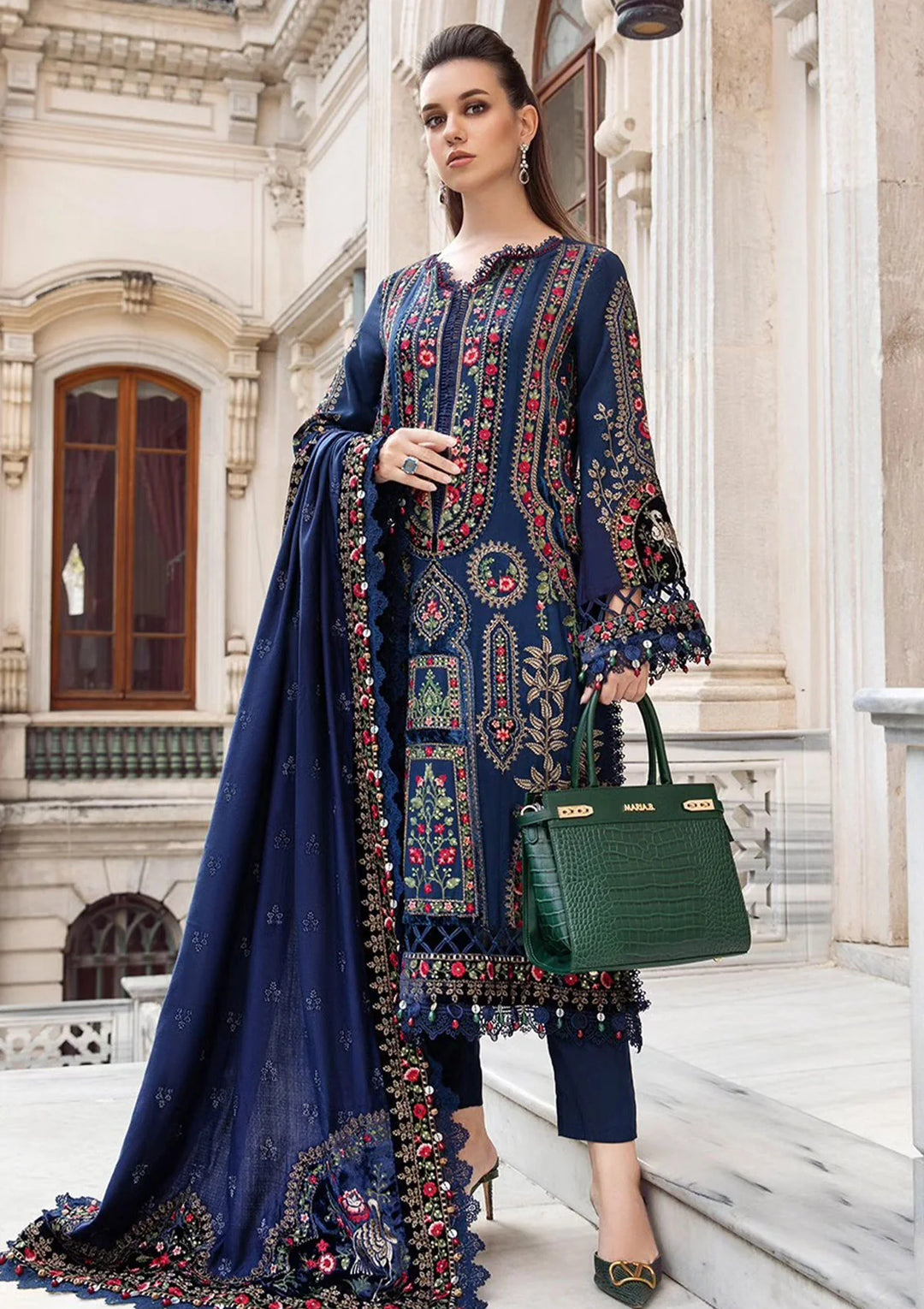3pcs MariaB Royal Blue Dhanak Embroidery