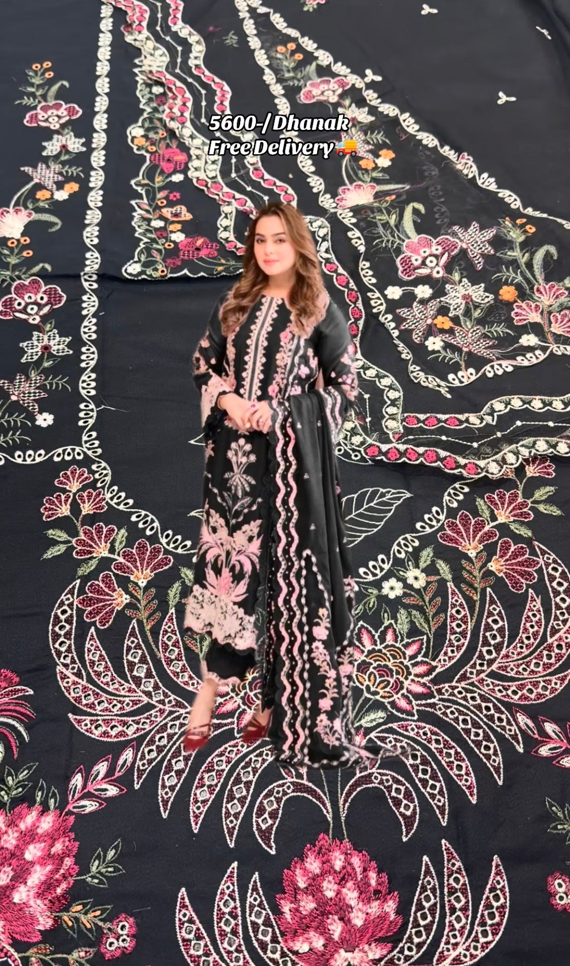 3pcs Aneelas Black 4 Corner Applic Dhanak Shawl Embroidered