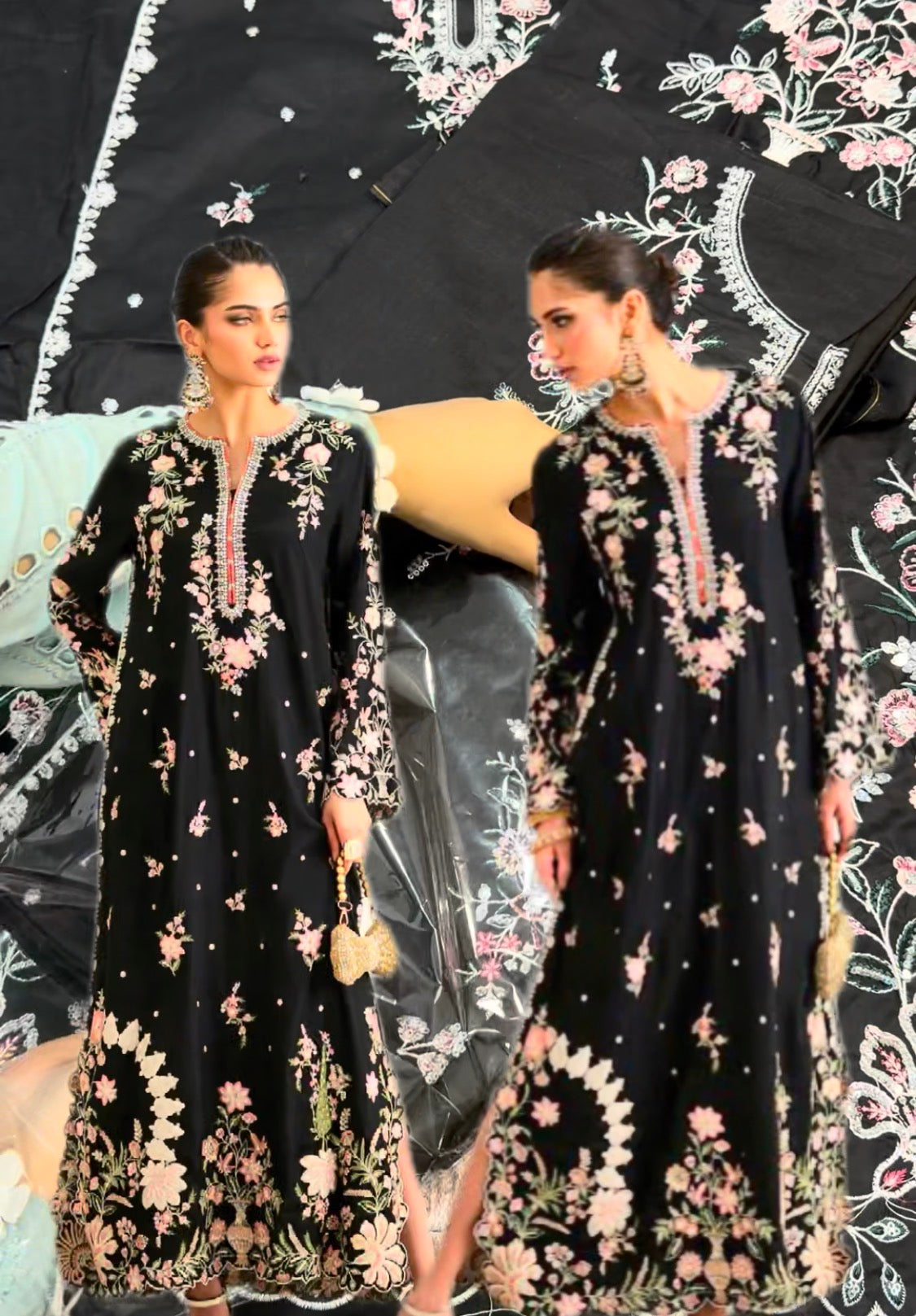 2pcs Ethnic Embroidery Long Kaftan Black