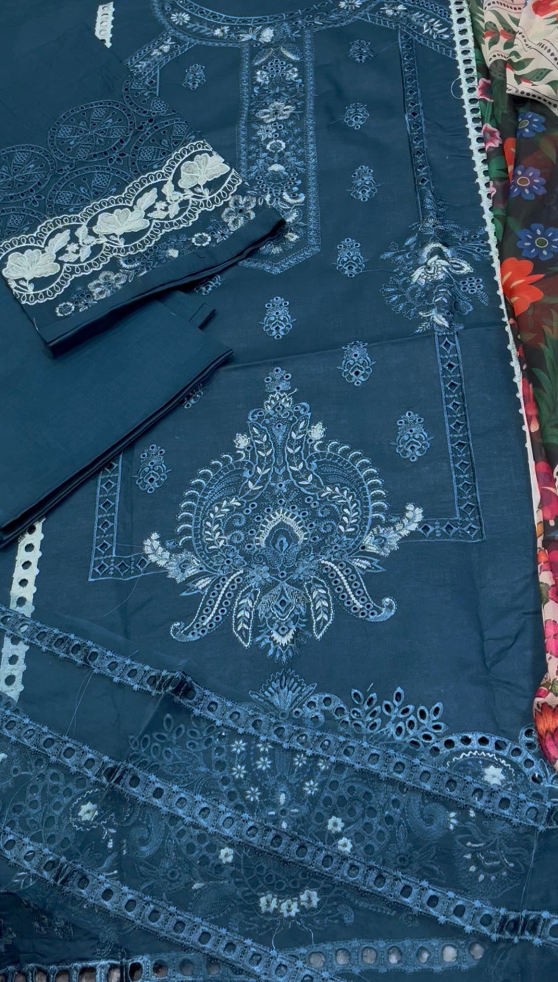 3pcs Muhq Blue Embroidered Lawn