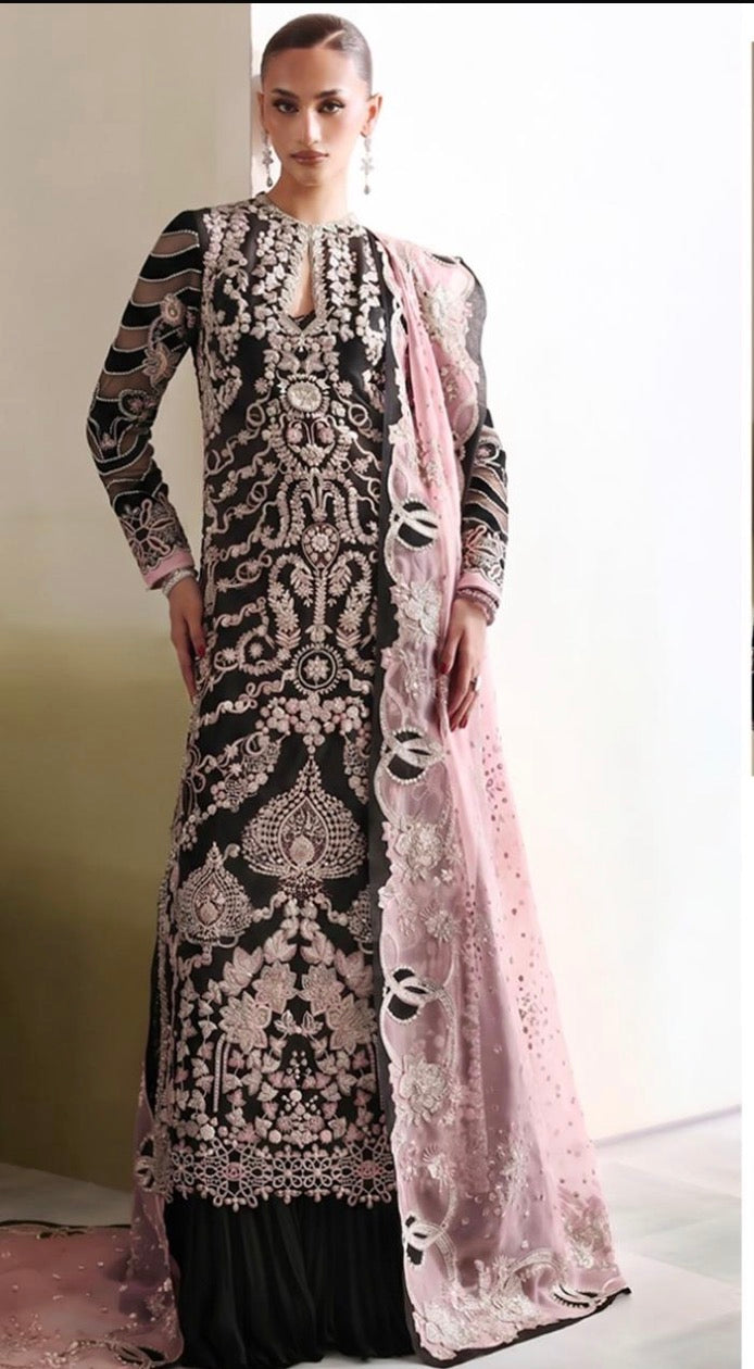 3pcs Silk Soraya Long Black Kaftan with laser Sleeves