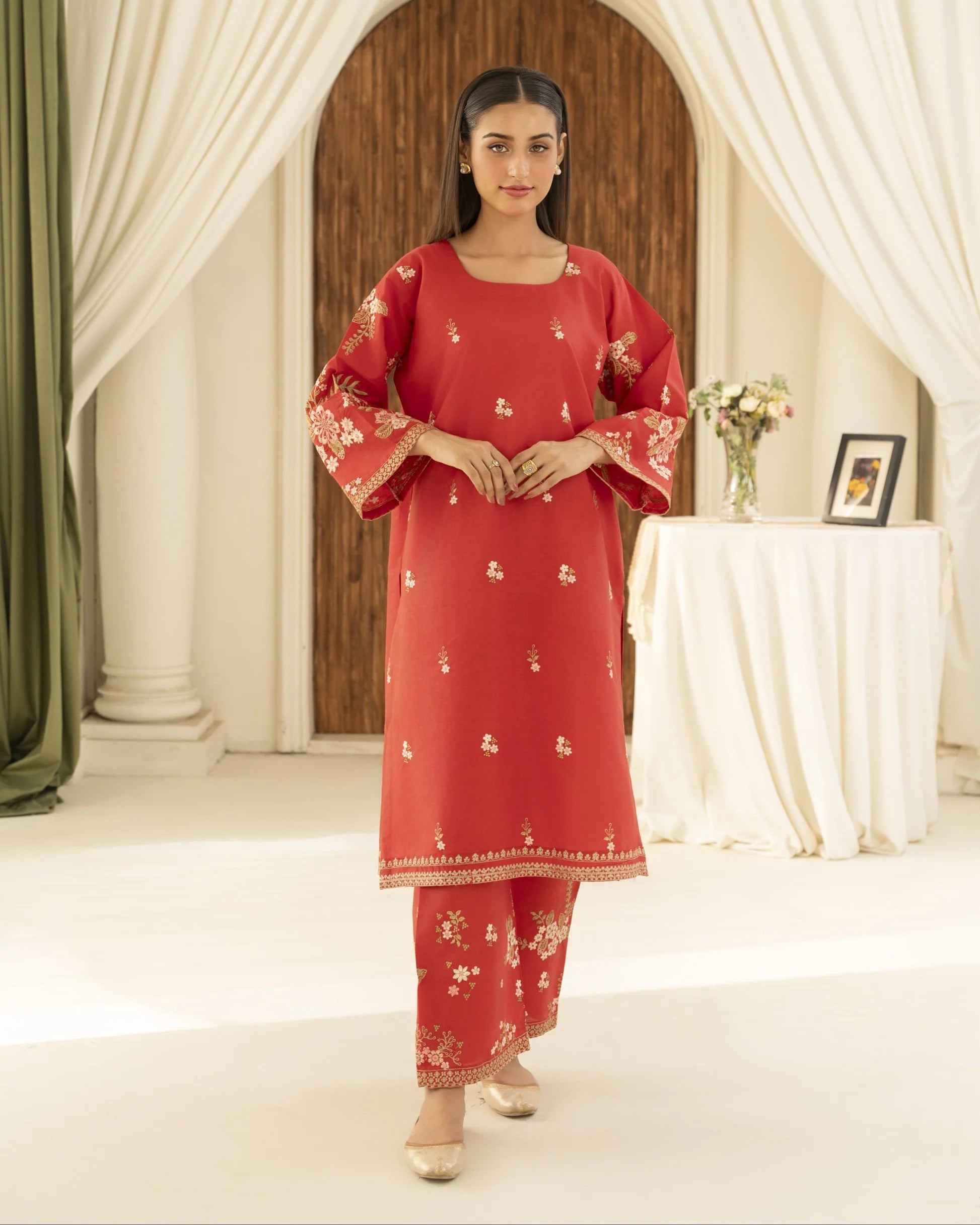 2pcs Embroidery lawn peach