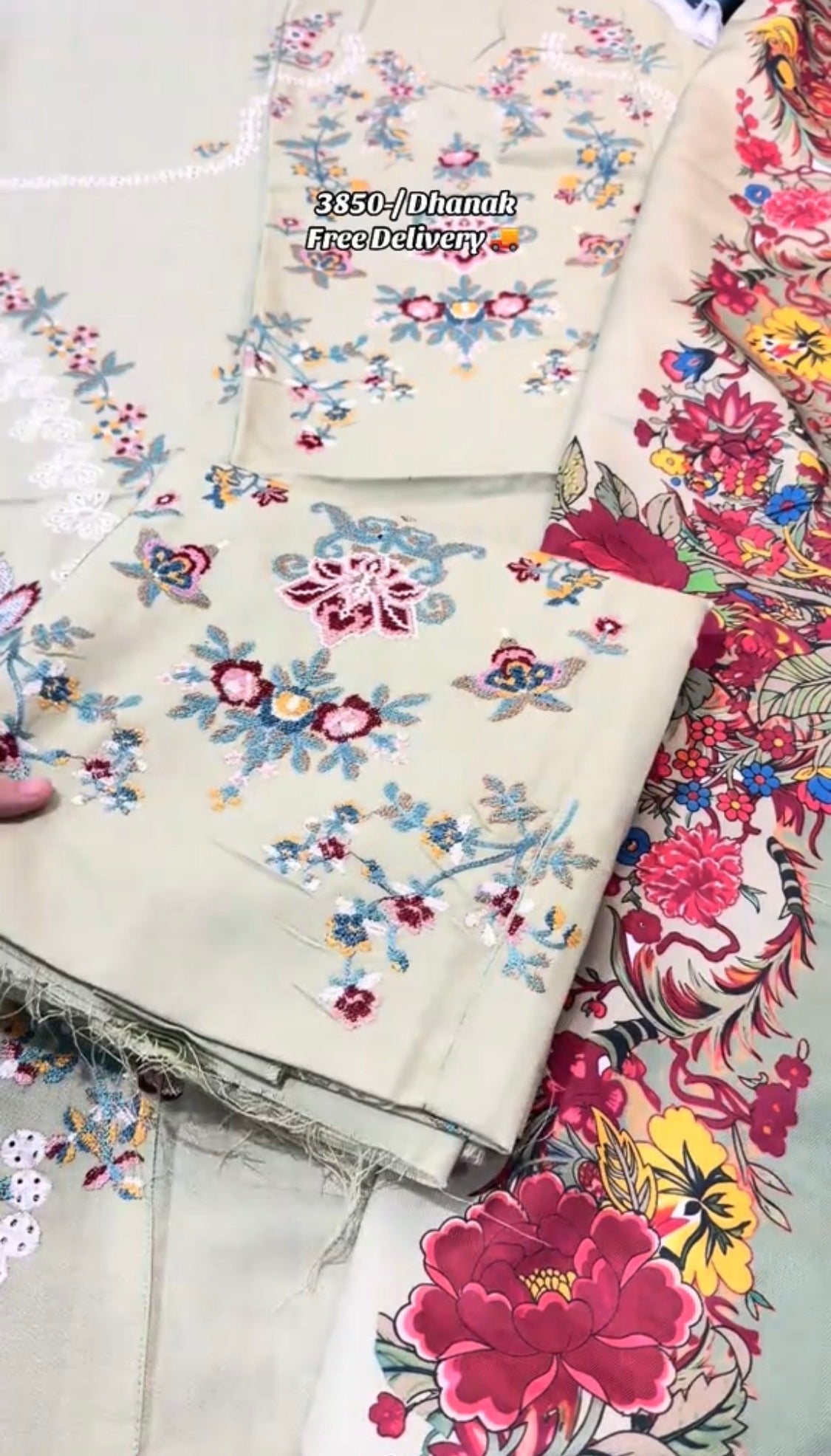 3pcs Dhanak Pistachio Jugnu By Hr Computerized Embroidery