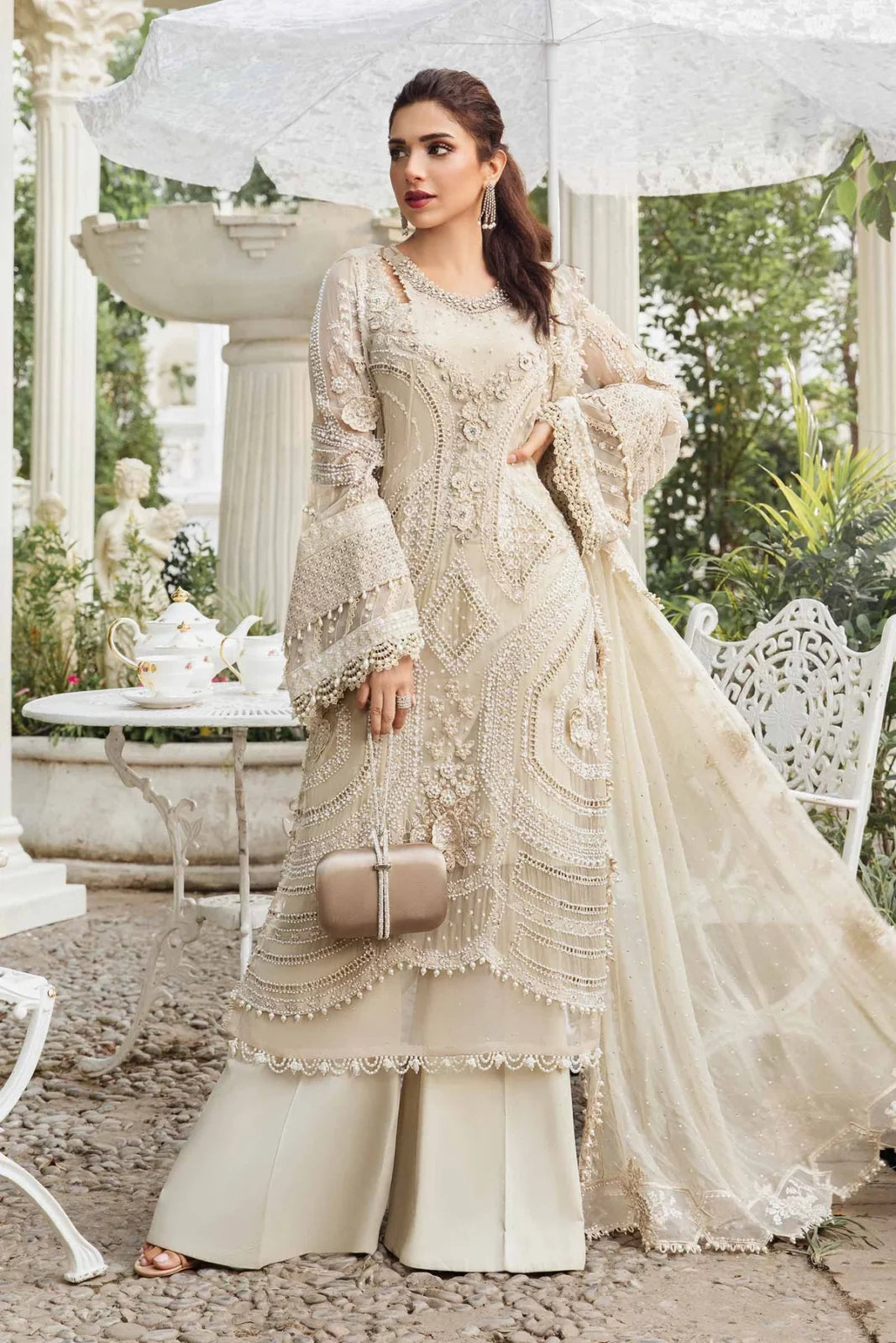 3pcs Maria B Cream Chiffon