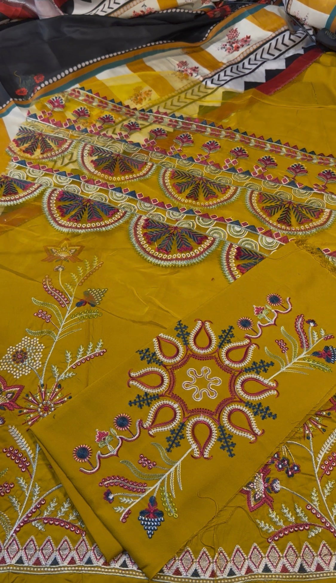 3pcs Dhanak Ethnic Yellow Mustard Embroidered