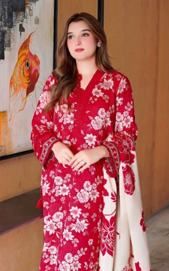 3pcs Aneelas Mehroon White lawn