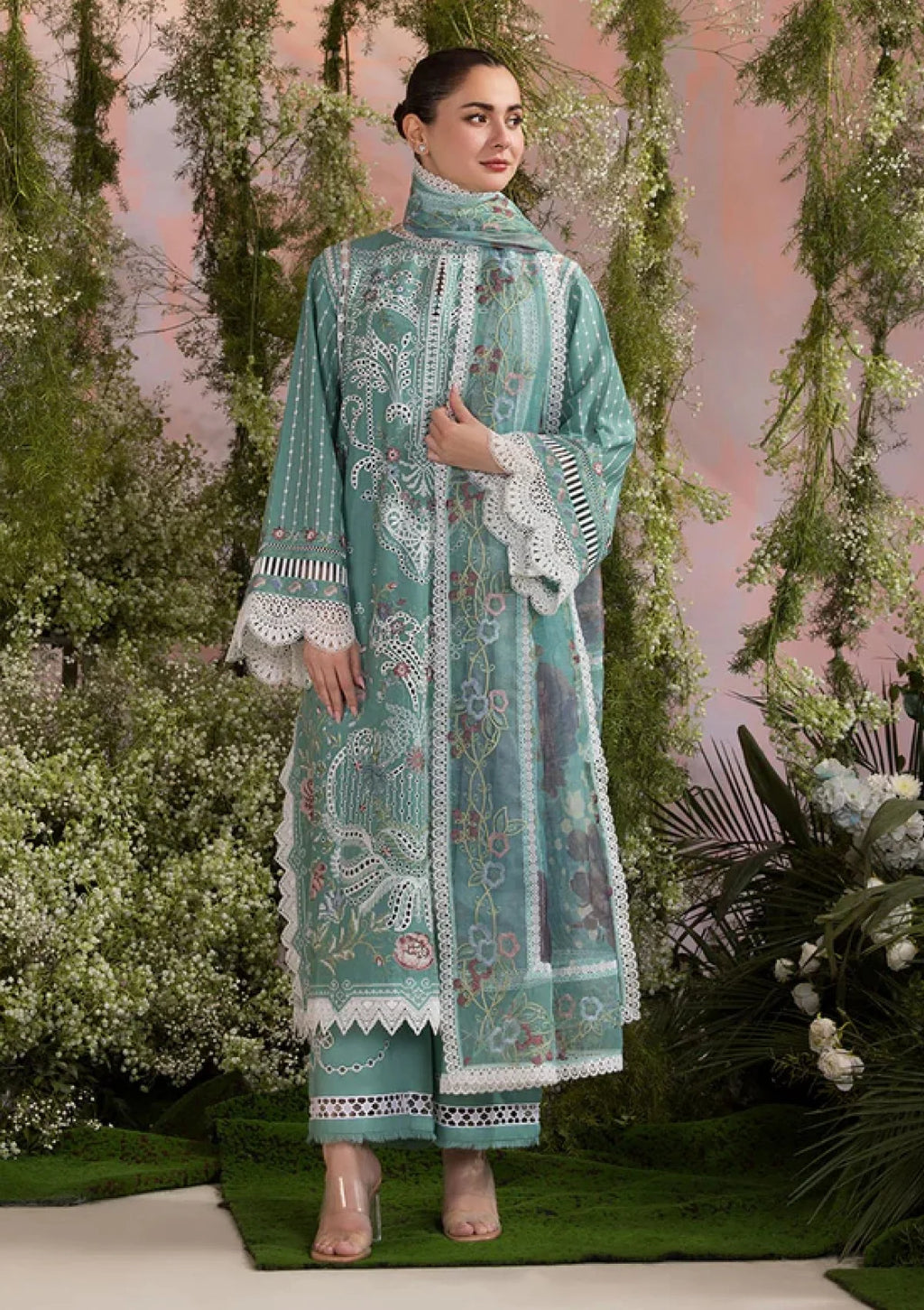 3pcs Dhanak Sobia Nazir Hania Dhanak Slp Embroidered Sea Green