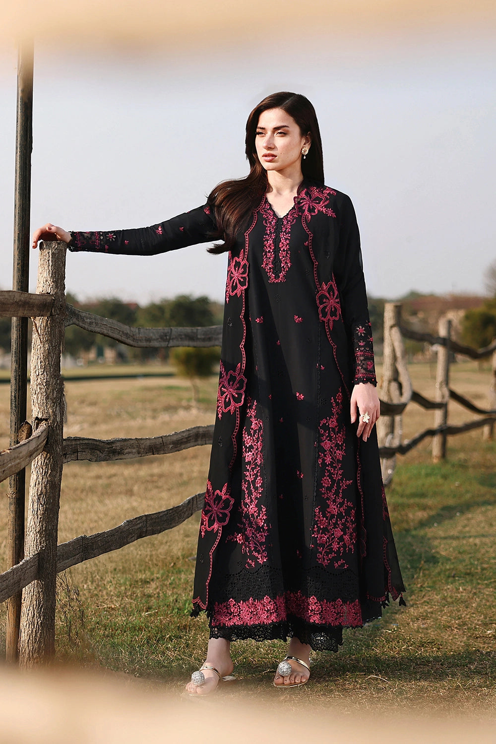 3pcs Azure Black Mehroon Dhanak Embroidered