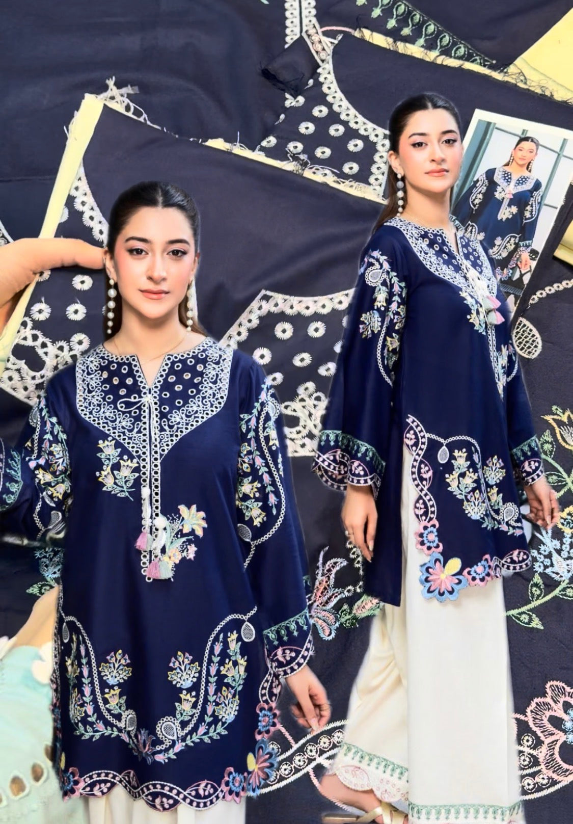 2pcs Dhanak Batik Royal Blue Embroidered