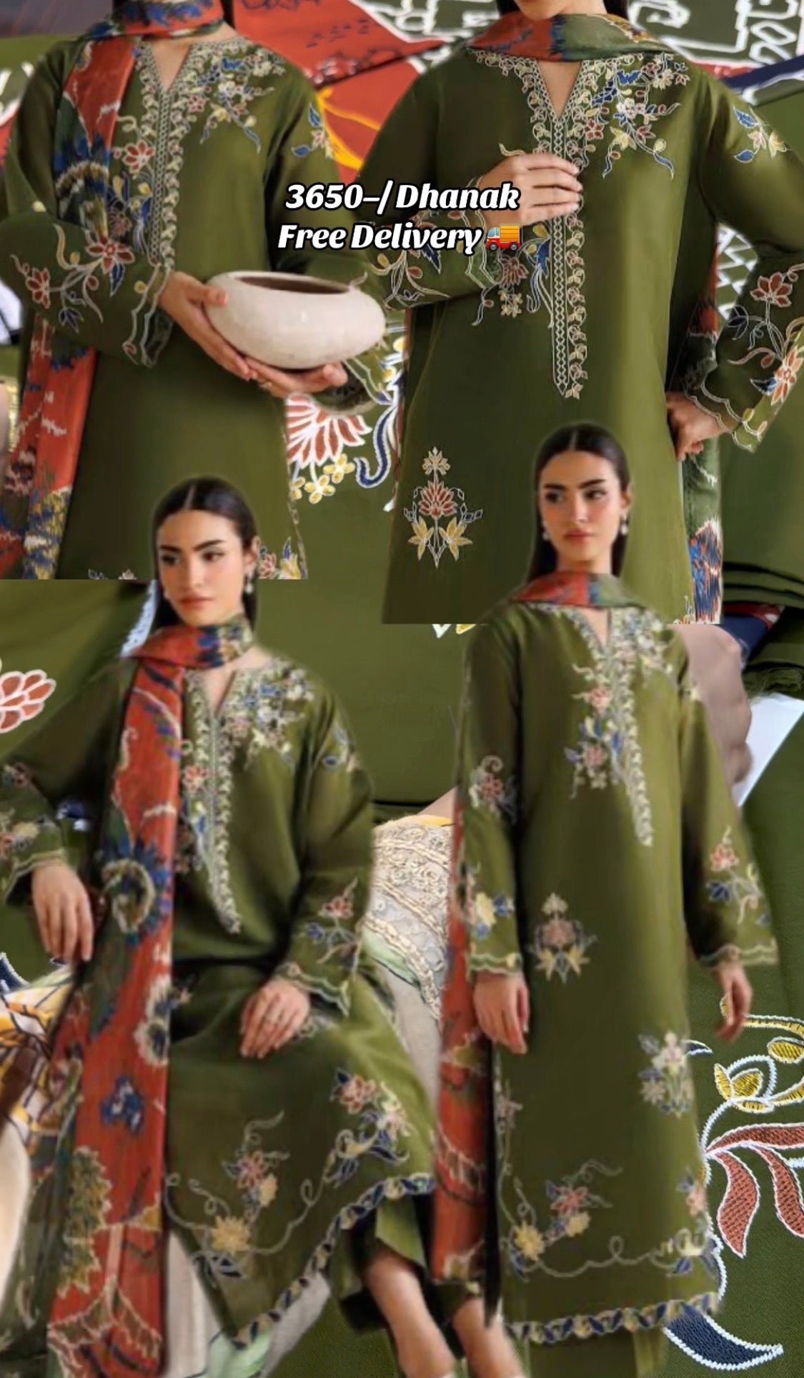 3pcs Baroque Parrot Embroidered Dhanak