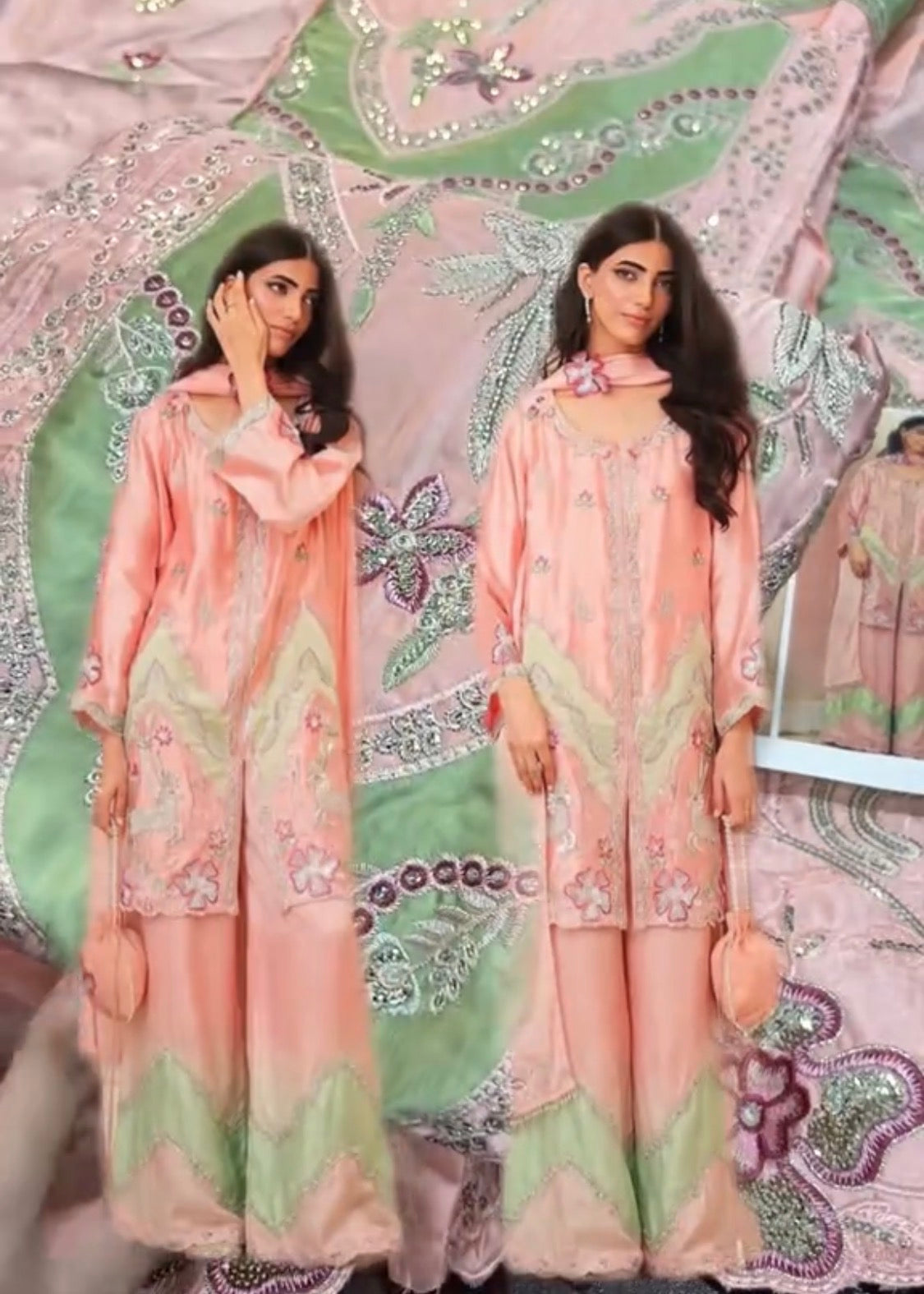 2pcs Silk Embroidered Pista+Baby Pink