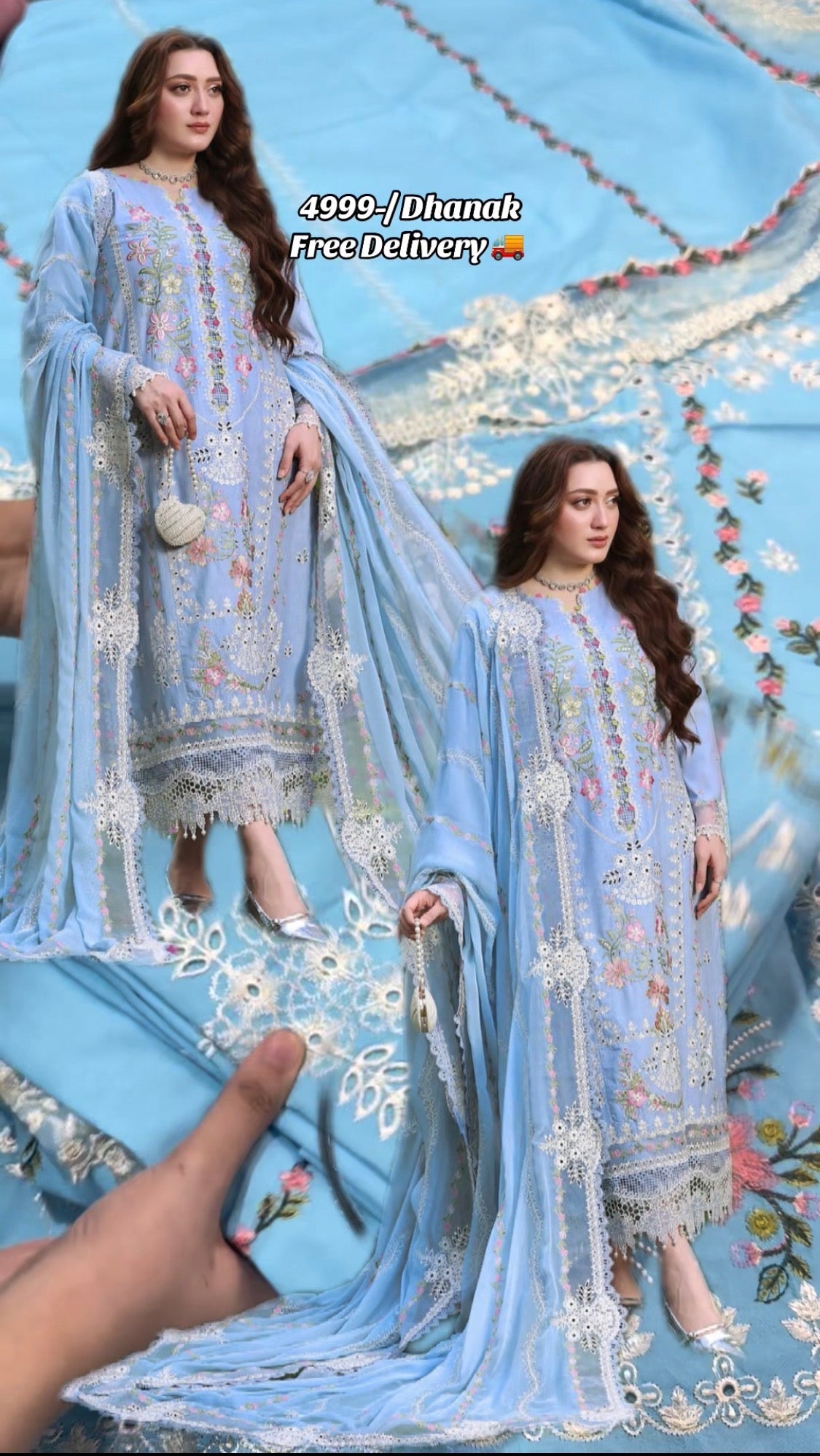 3pcs Aneelas Dhanak Sky White Embroidered