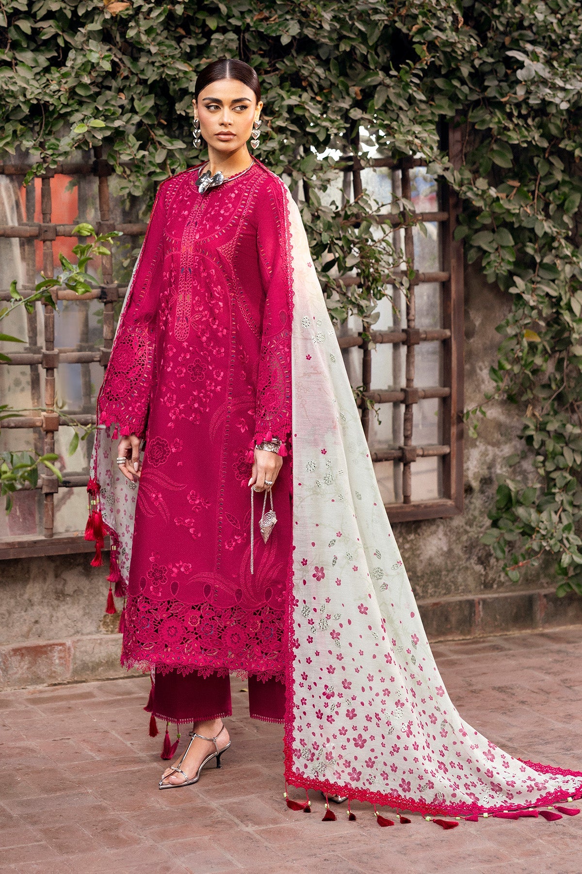 3pcs Jazmin Shocking Pink + White Embroidered