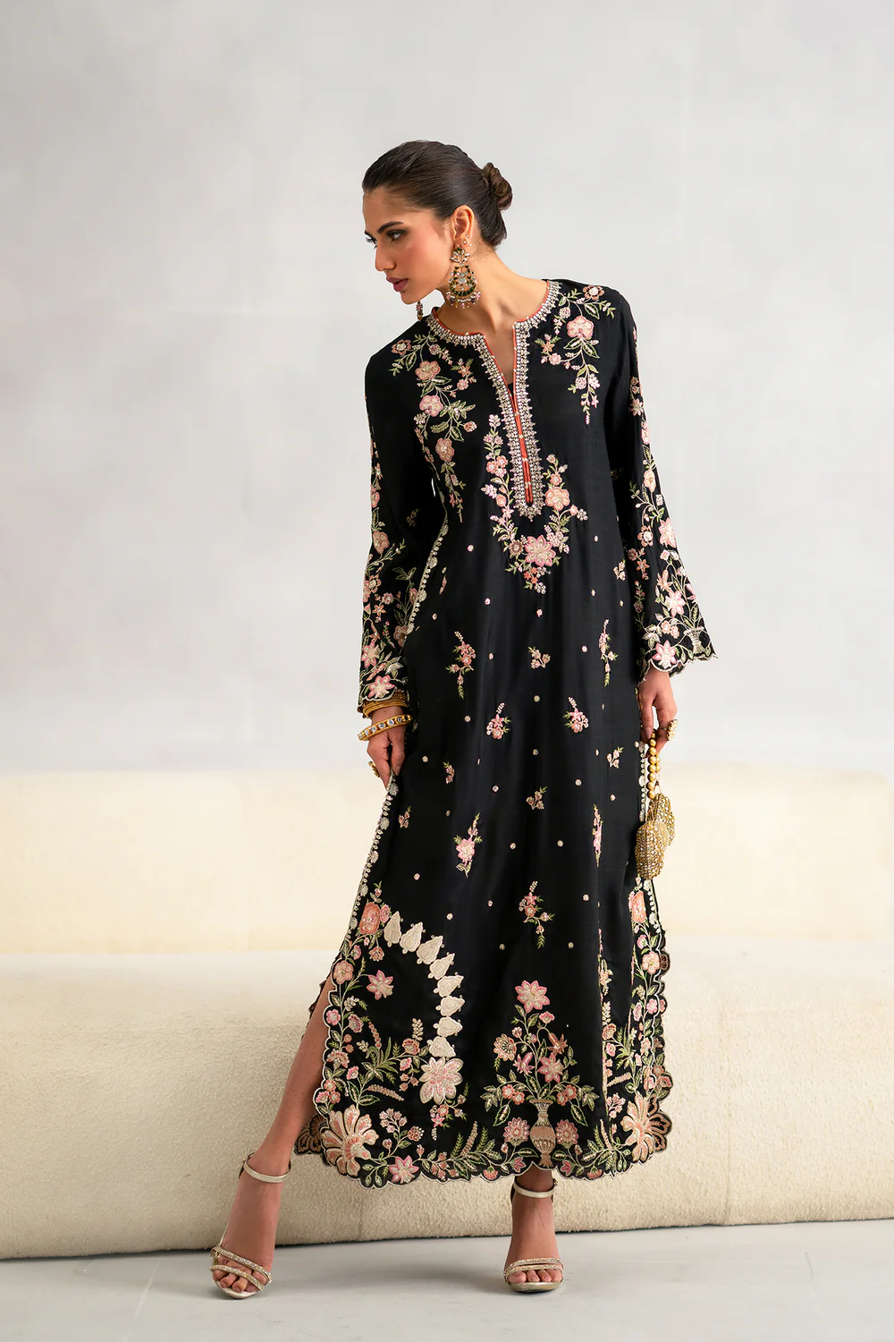 2pcs Silk Long Kaftan Black Embroidered