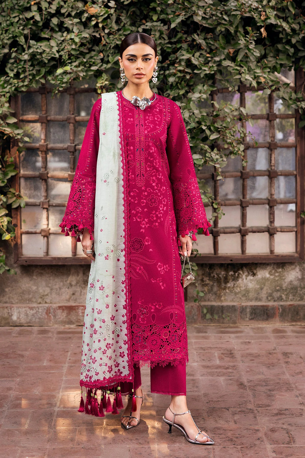 3pcs Jazmin Shocking Pink + White Embroidered