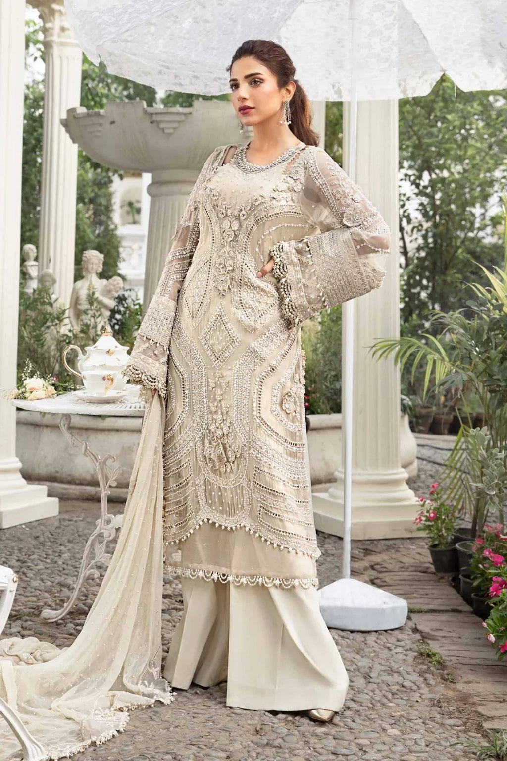 3pcs Maria B Cream Chiffon