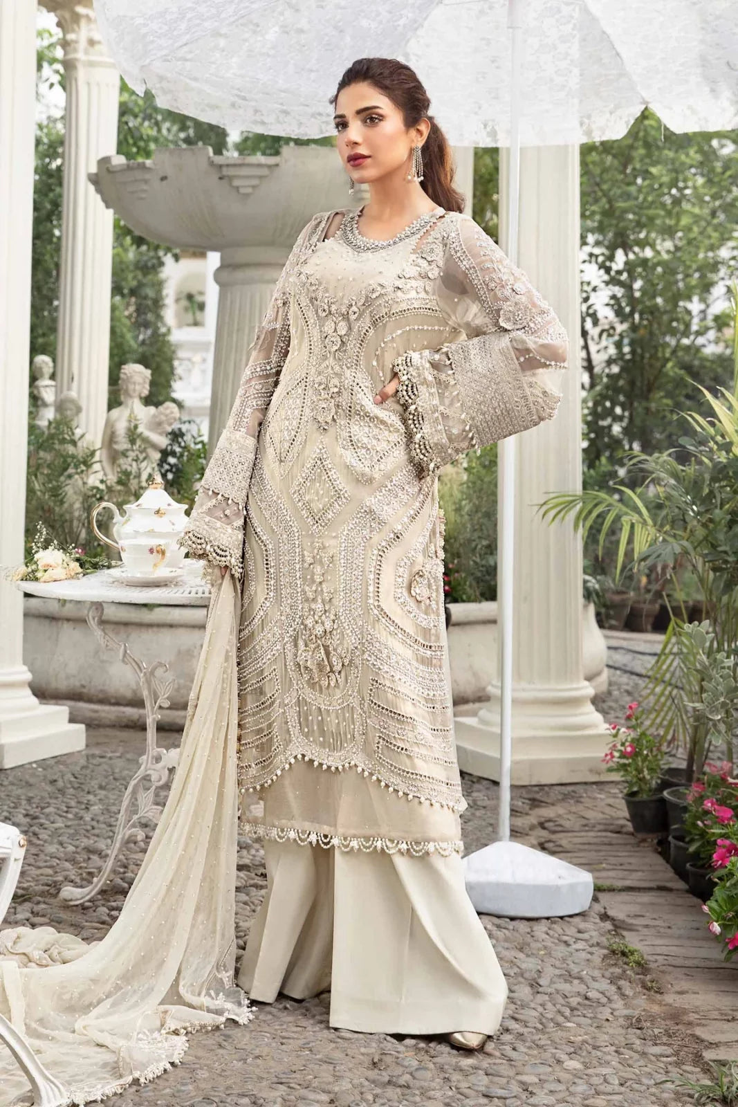 3pcs Maria B Cream Chiffon