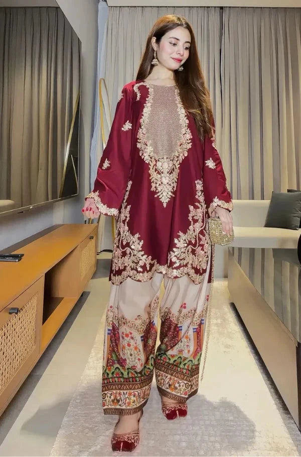 2pcs Black Silk Maya Ali Ethnic with print Trouser