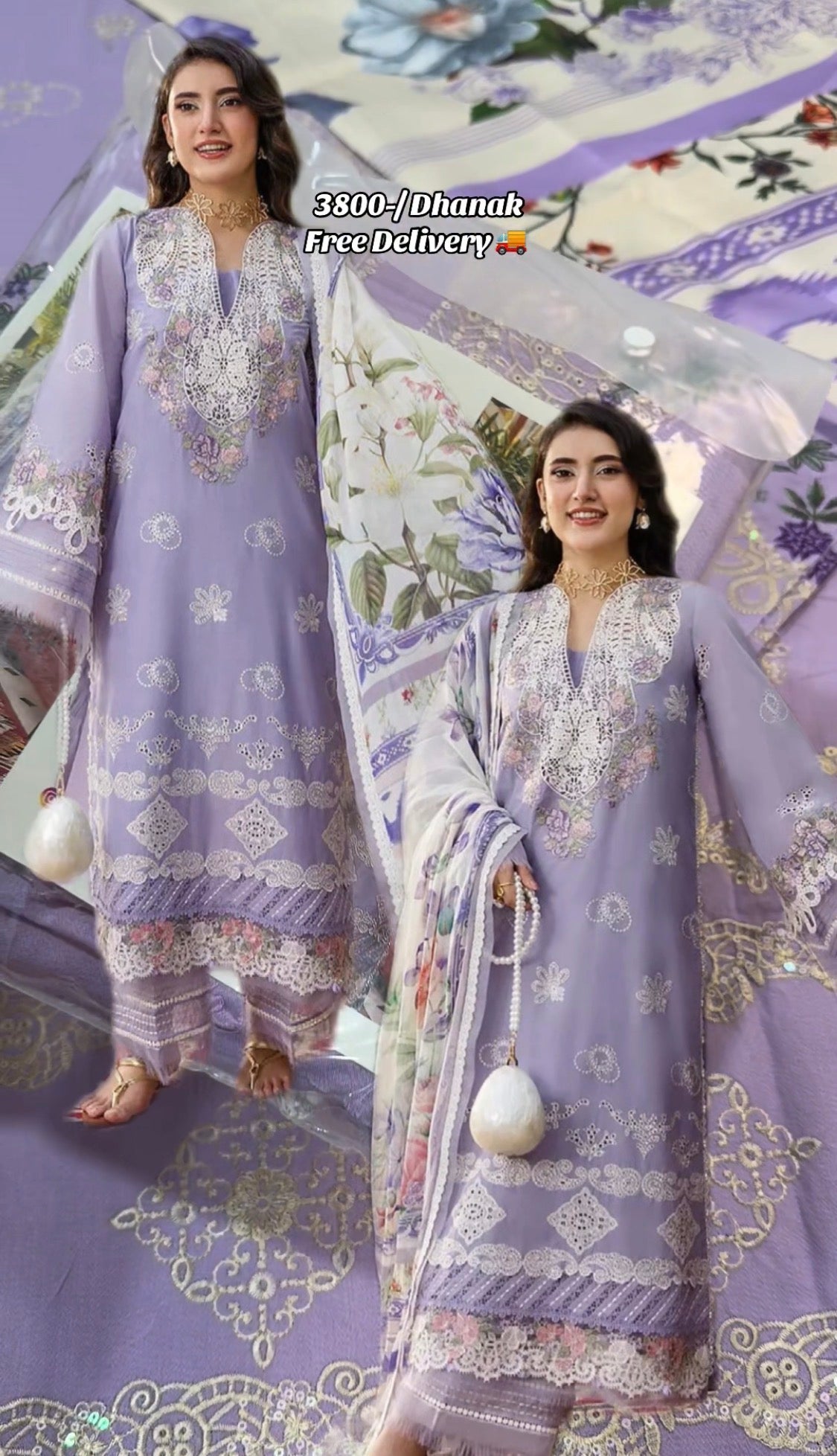 3pcs Dhanak Lilac Elaf Embroidered Viral