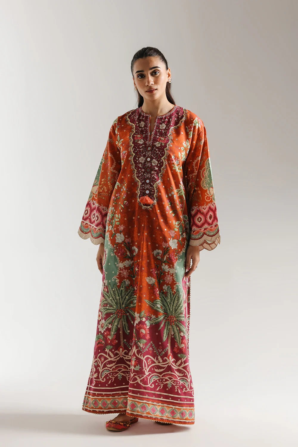 2pcs Ethnic Orange Multi Silk Printed Long Kaftan