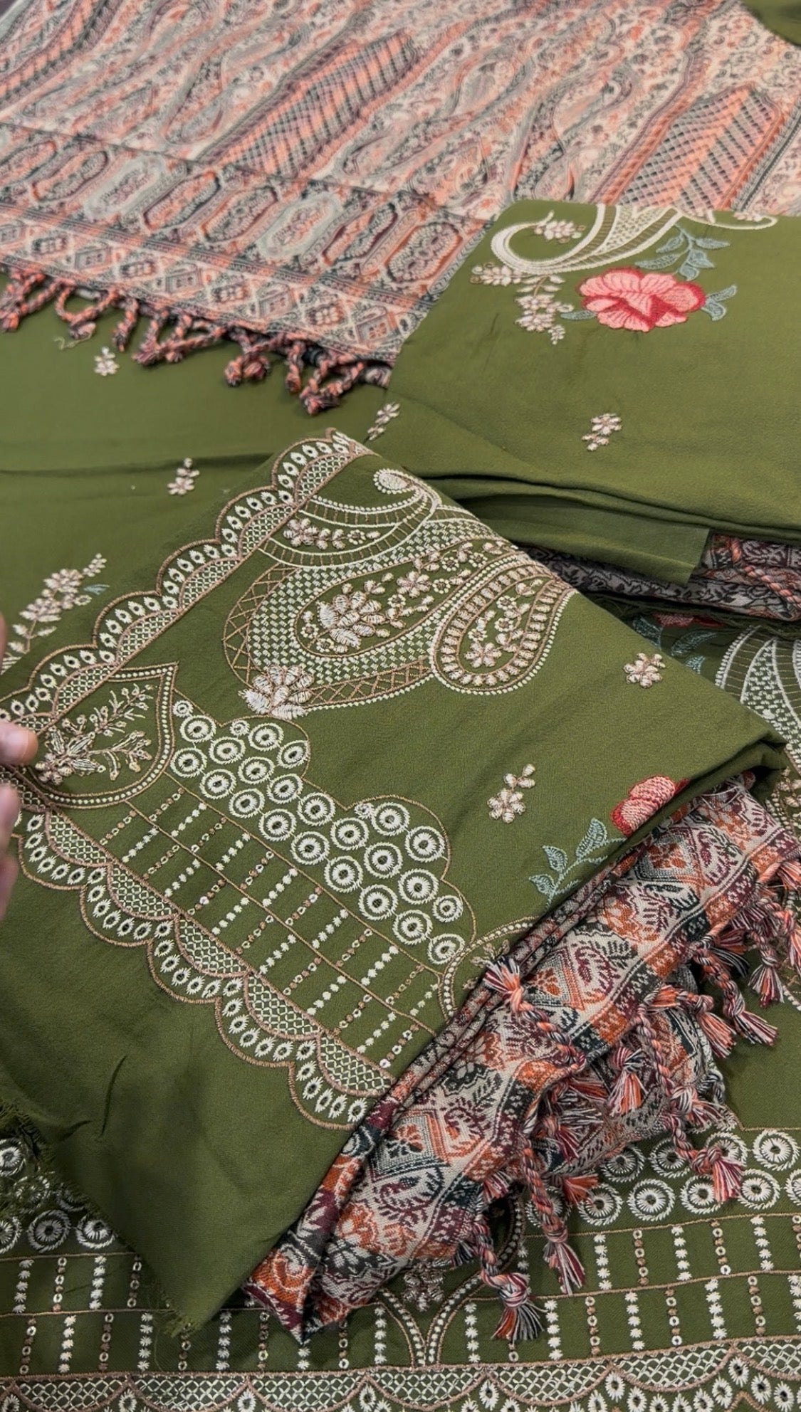 3pcs Parrot Dhanak Embroidered With Kashmiri Multi Shawl