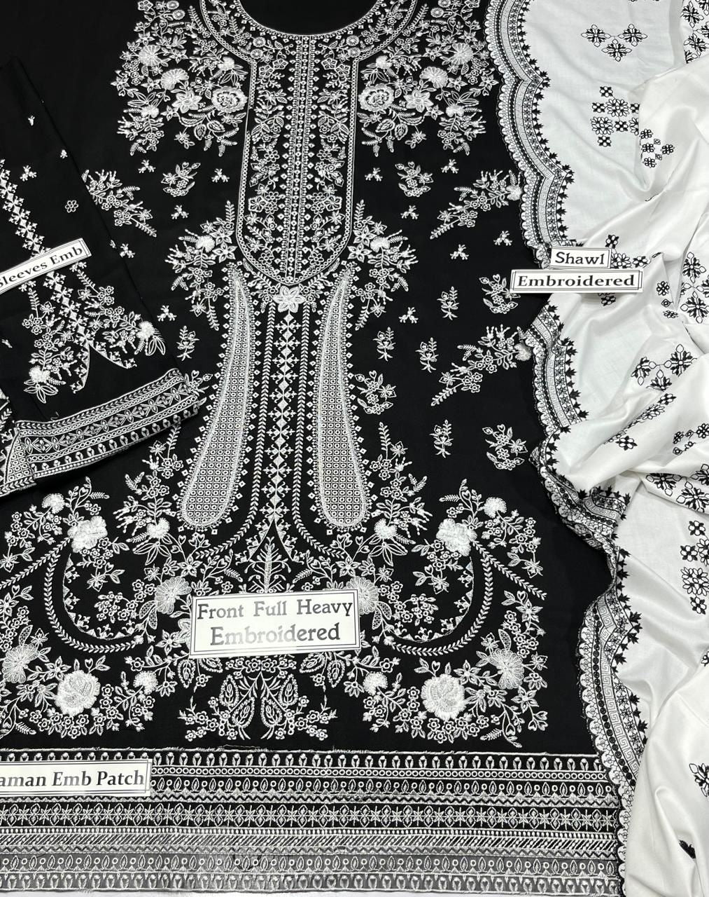 3pcs Qalamkar white Black embroidered Dhanak