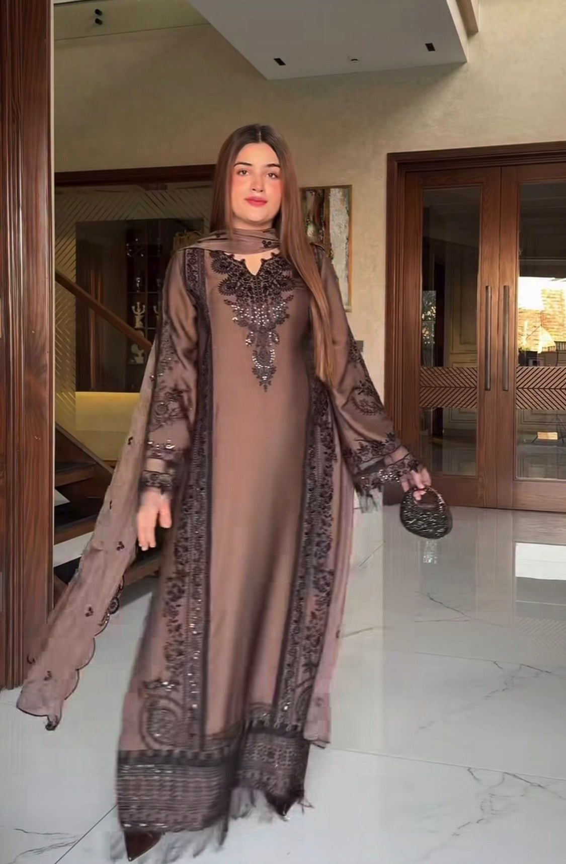 3pcs Silk Brown Zara Shehryar Embroidered