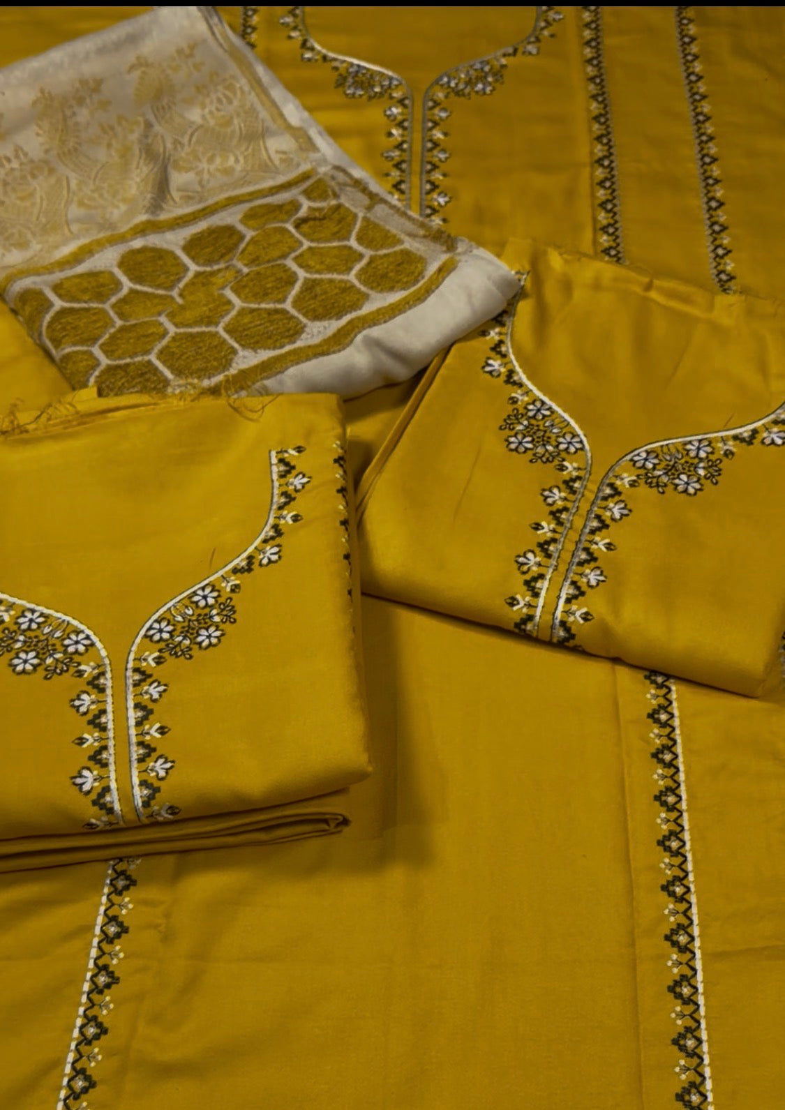 3pcs Dhanak Embroidery Mustard Batik