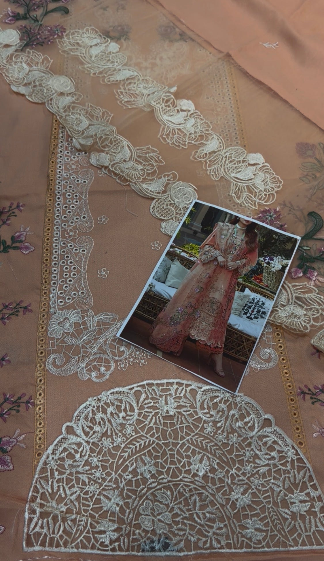 3pcs Dhanak Elaf Laser Peach Embroidered