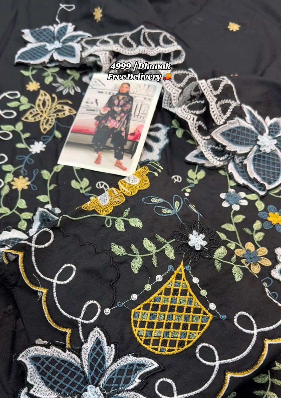3pcs Dhanak Nia Mian Black Multi Embroidered Short Shirt