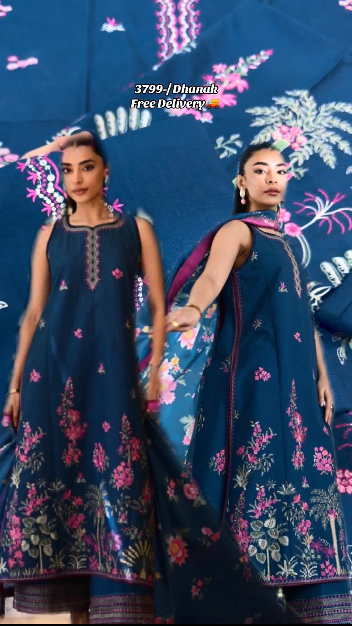 3pcs Zaib Ink Blue Dhanak Embroidered